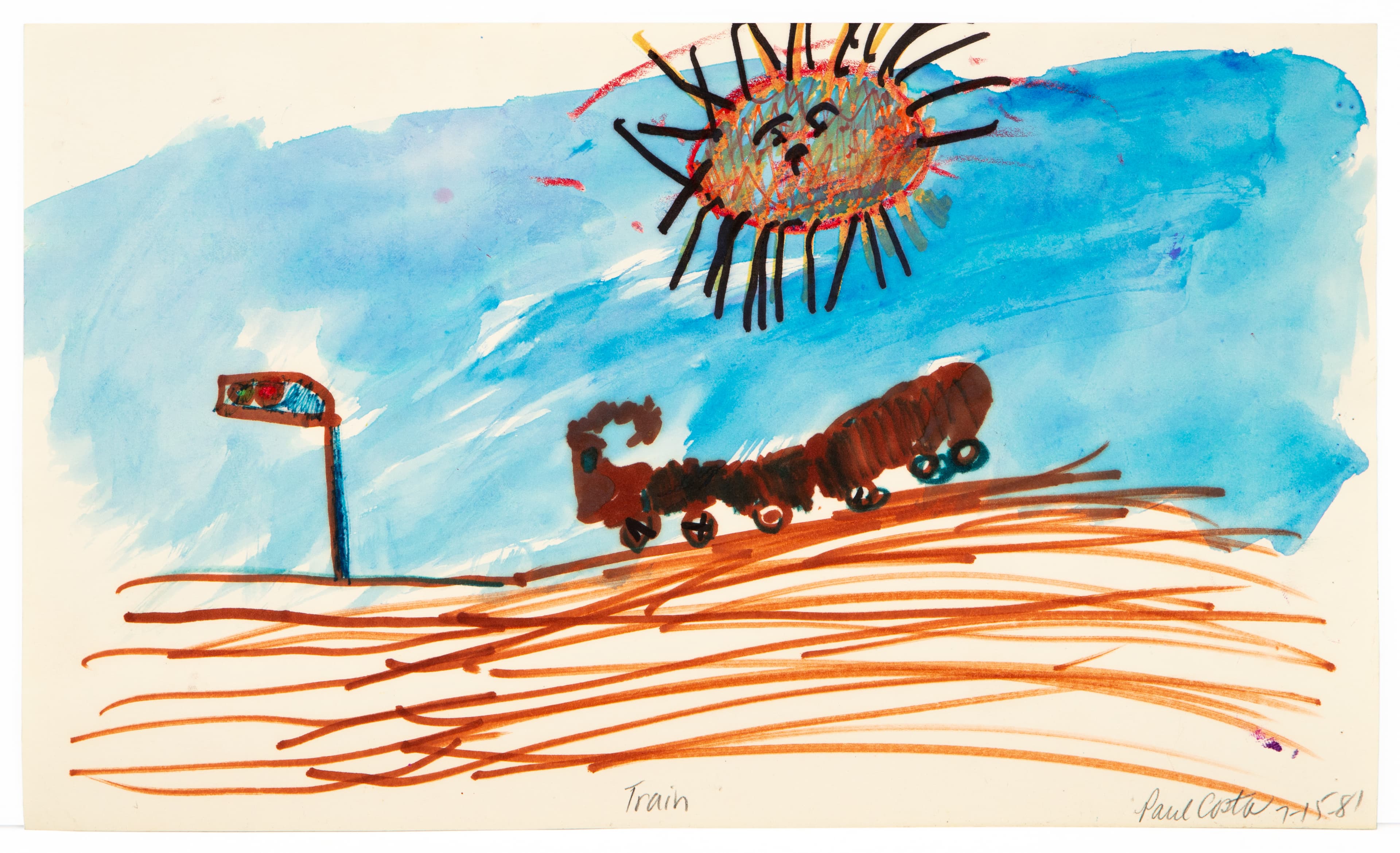 Watercolor and ink drawing of a train on tracks under a spiky sun in blue sky with orange ground