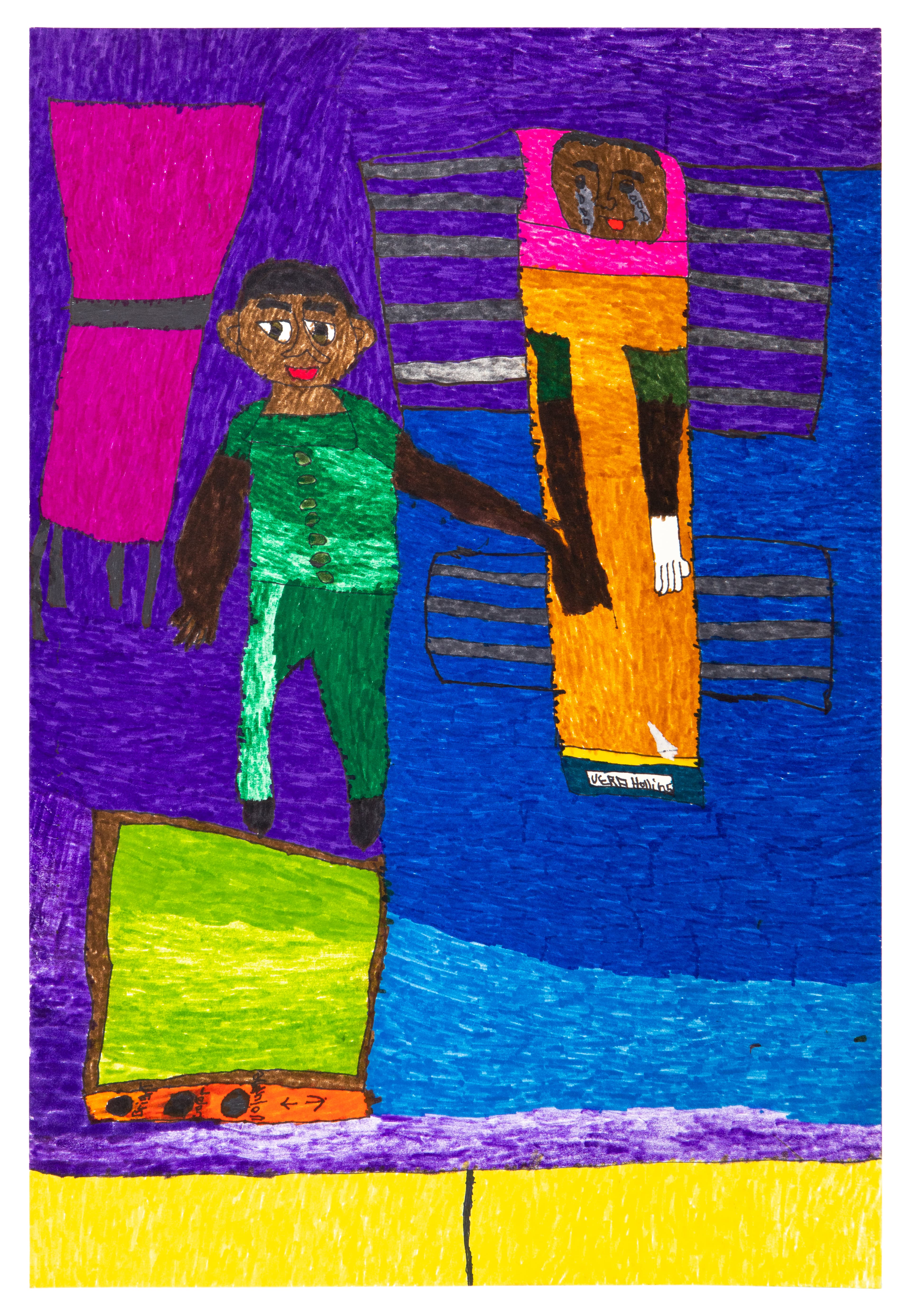 Colorful drawing of two figures in hospital setting, one in green clothing, one in orange, with geometric color blocks