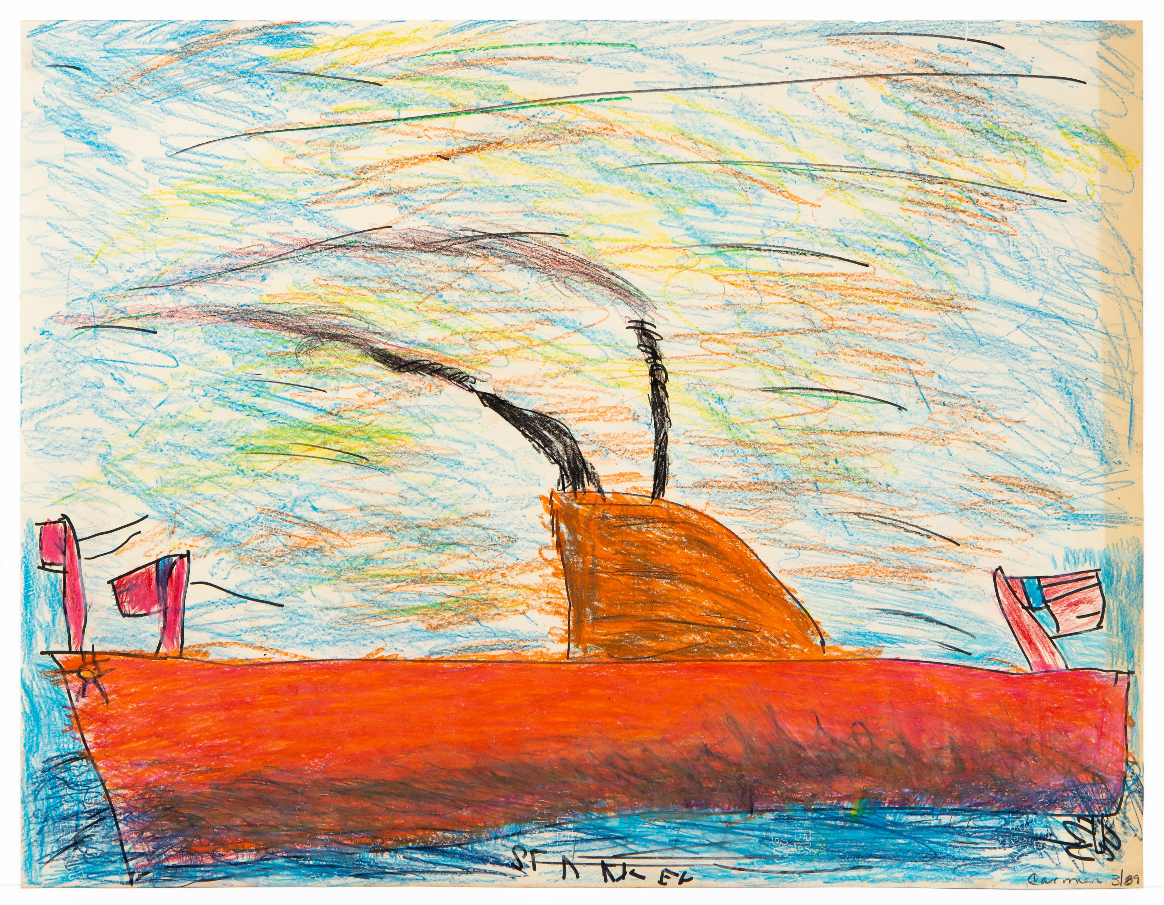 Drawing of red steamship with orange smokestack on water, colored pencil and ink on paper