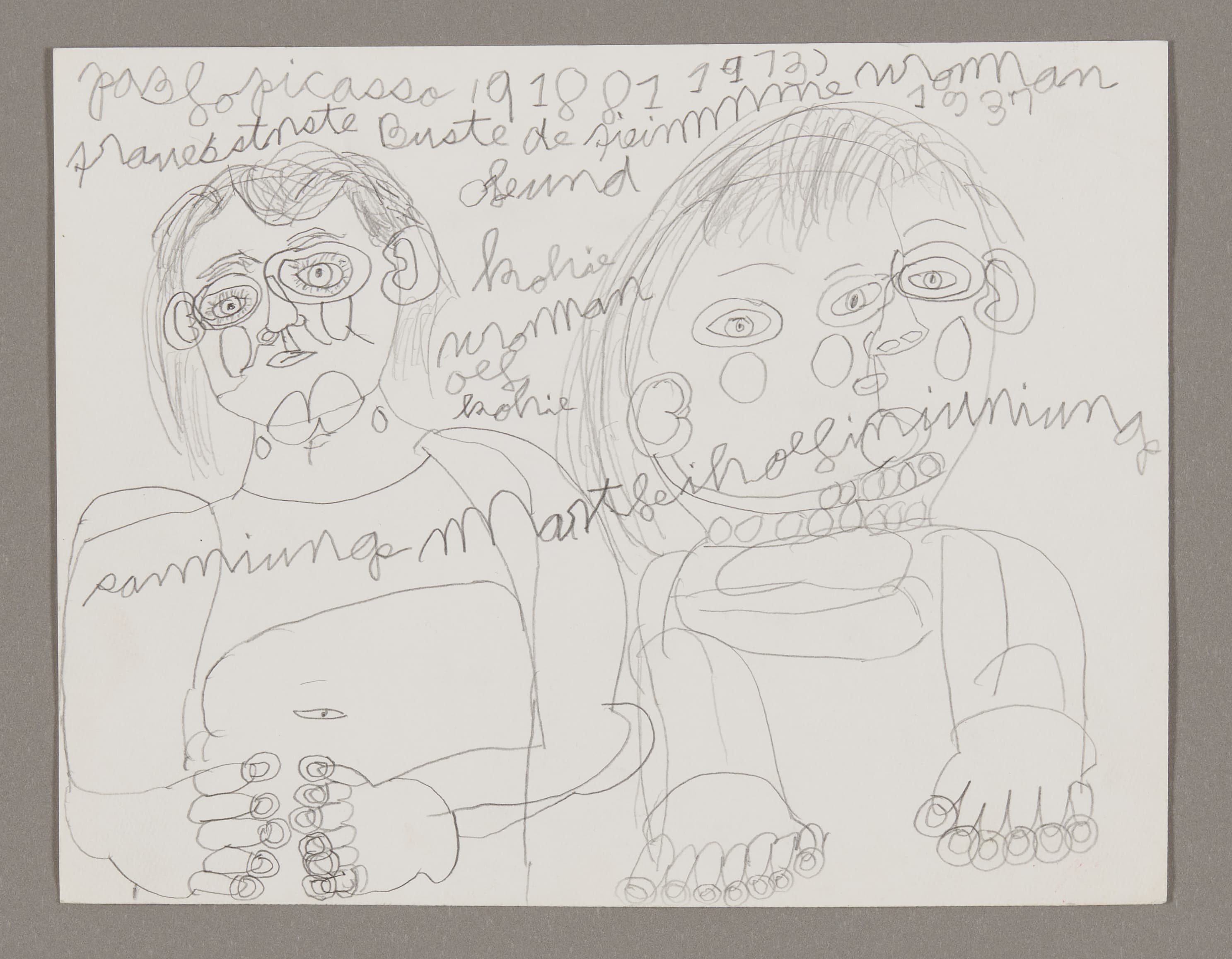 Pencil drawing on white paper showing two seated figures with detailed facial features and handwritten text above