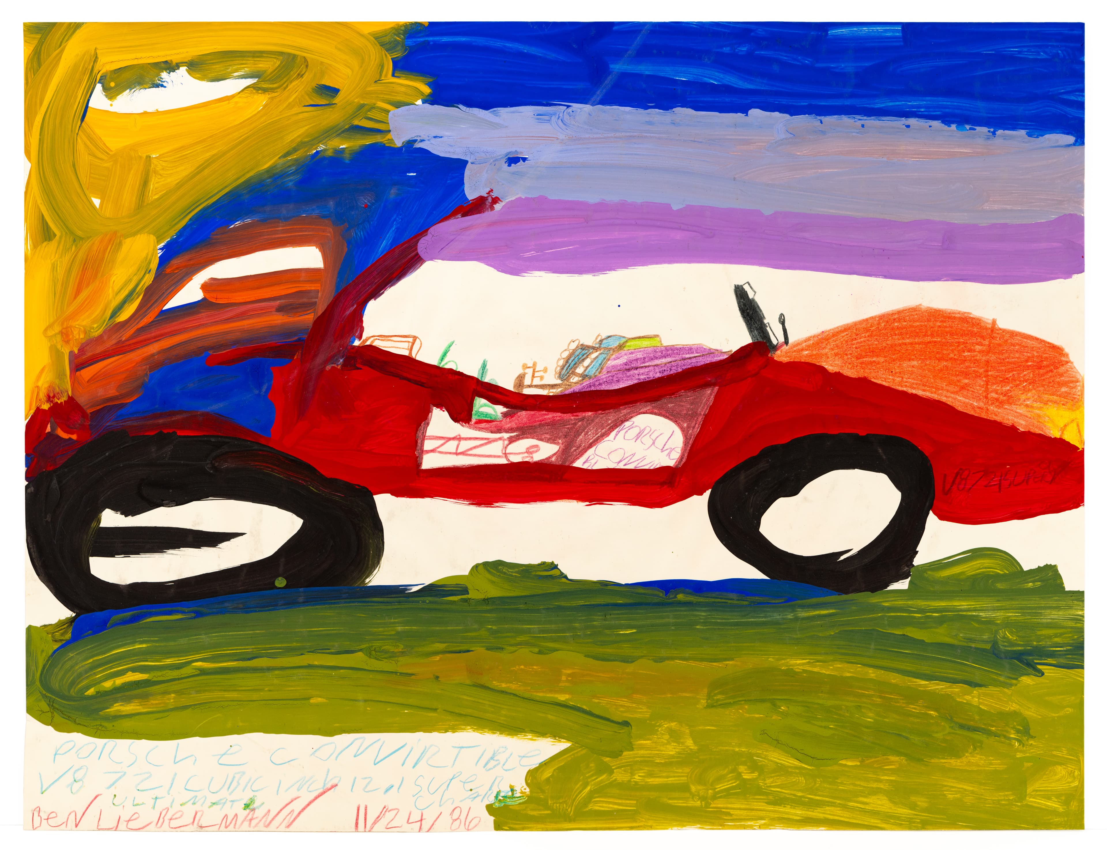 Painting of red convertible car with black wheels on green ground, acrylic and colored pencil on paper