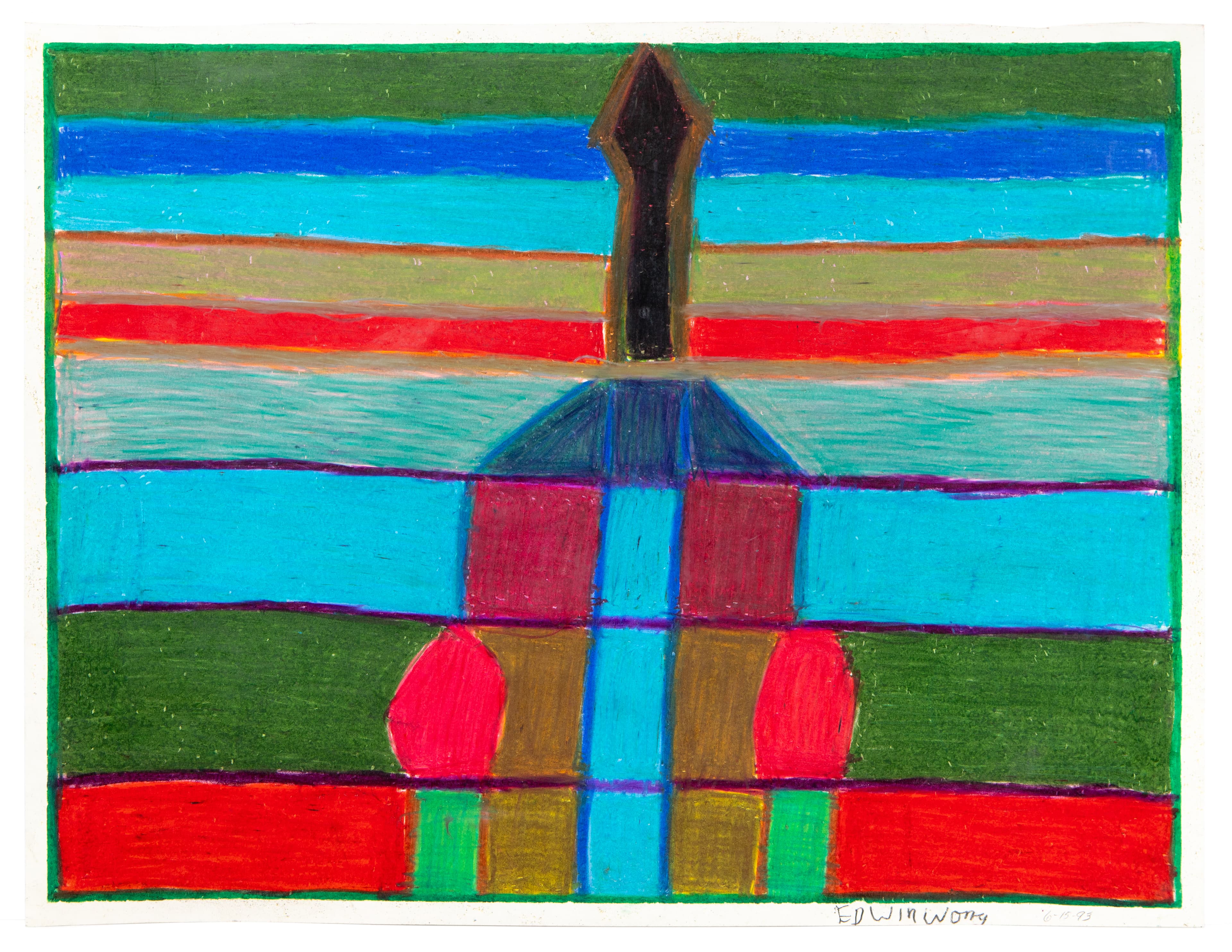 Colorful pastel drawing of geometric violin shape with horizontal stripes in blues, greens, reds, and browns