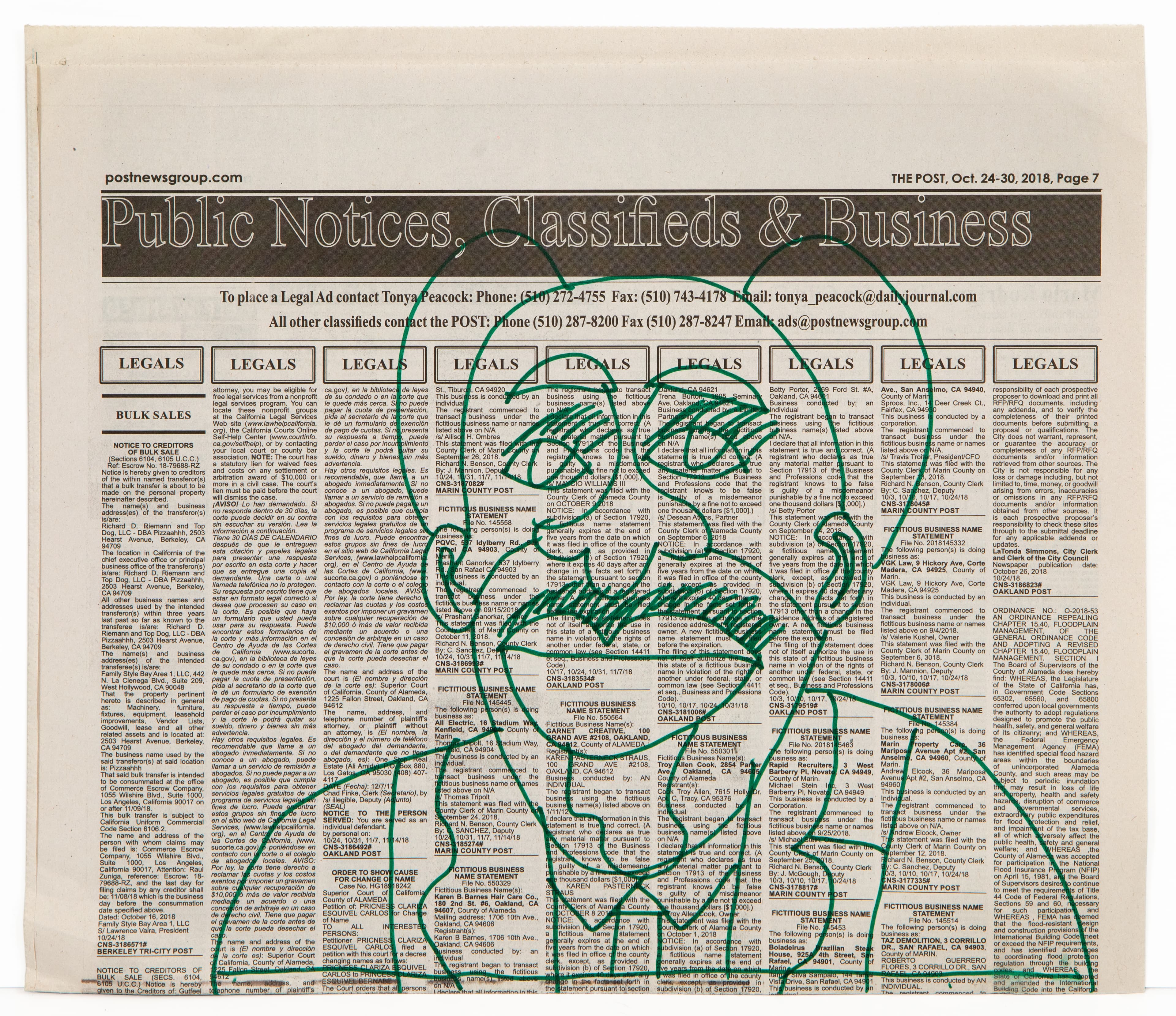 Green ink drawing of a face with mustache on newspaper classified ads page