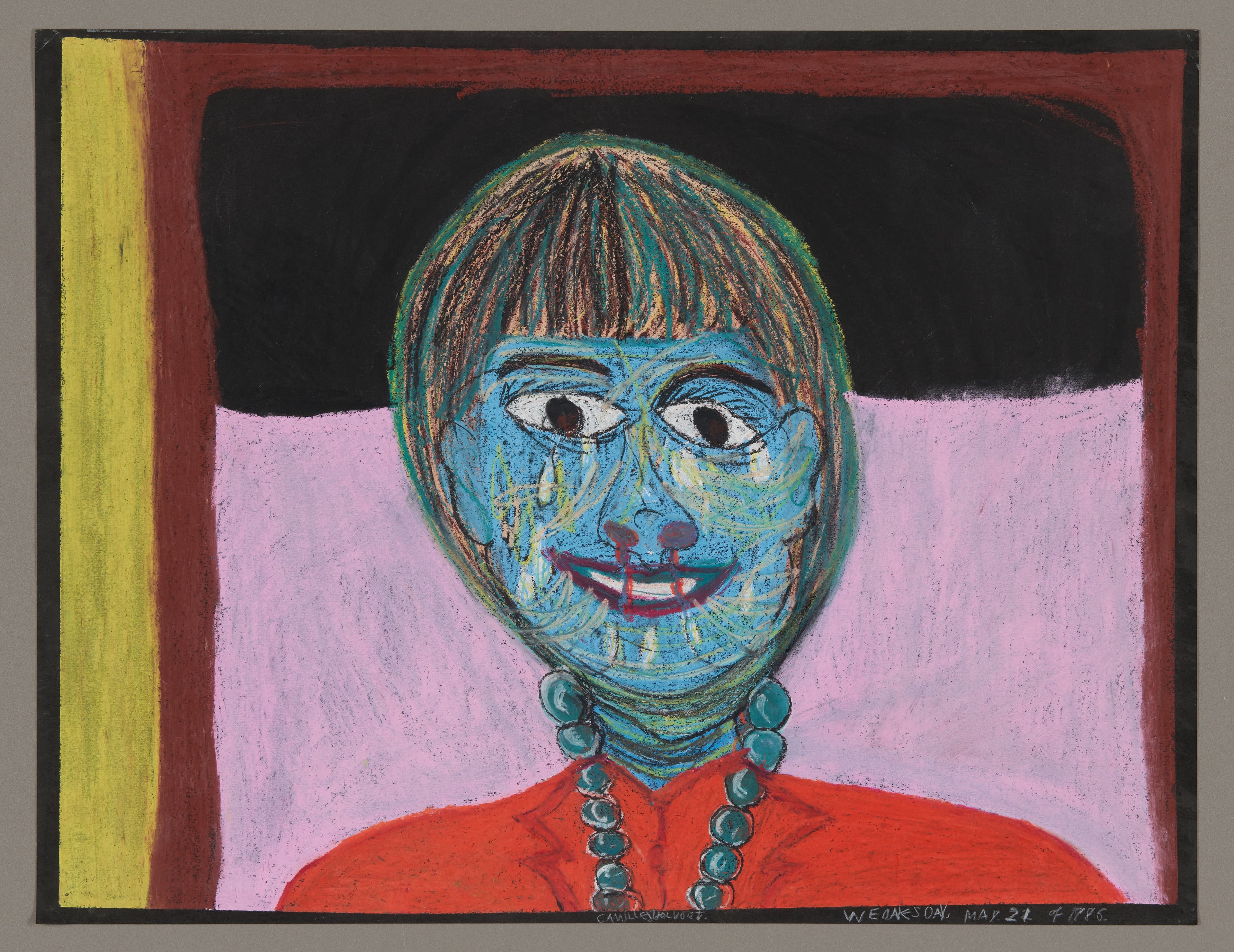 Oil pastel portrait of a figure with blue skin, brown bob haircut, and red clothing on pink and black background