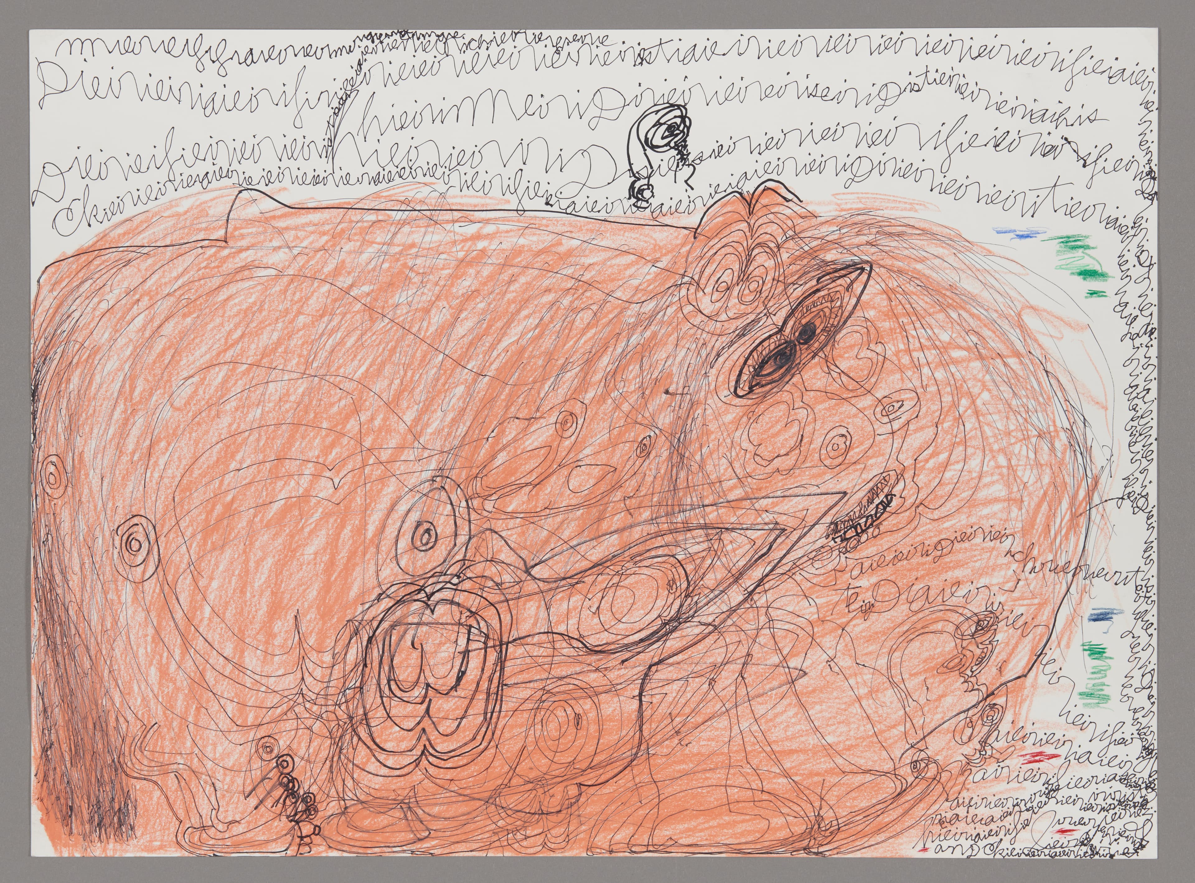 Mixed media drawing with orange crayon scribbles and ink lines creating abstract forms on paper with handwritten text border