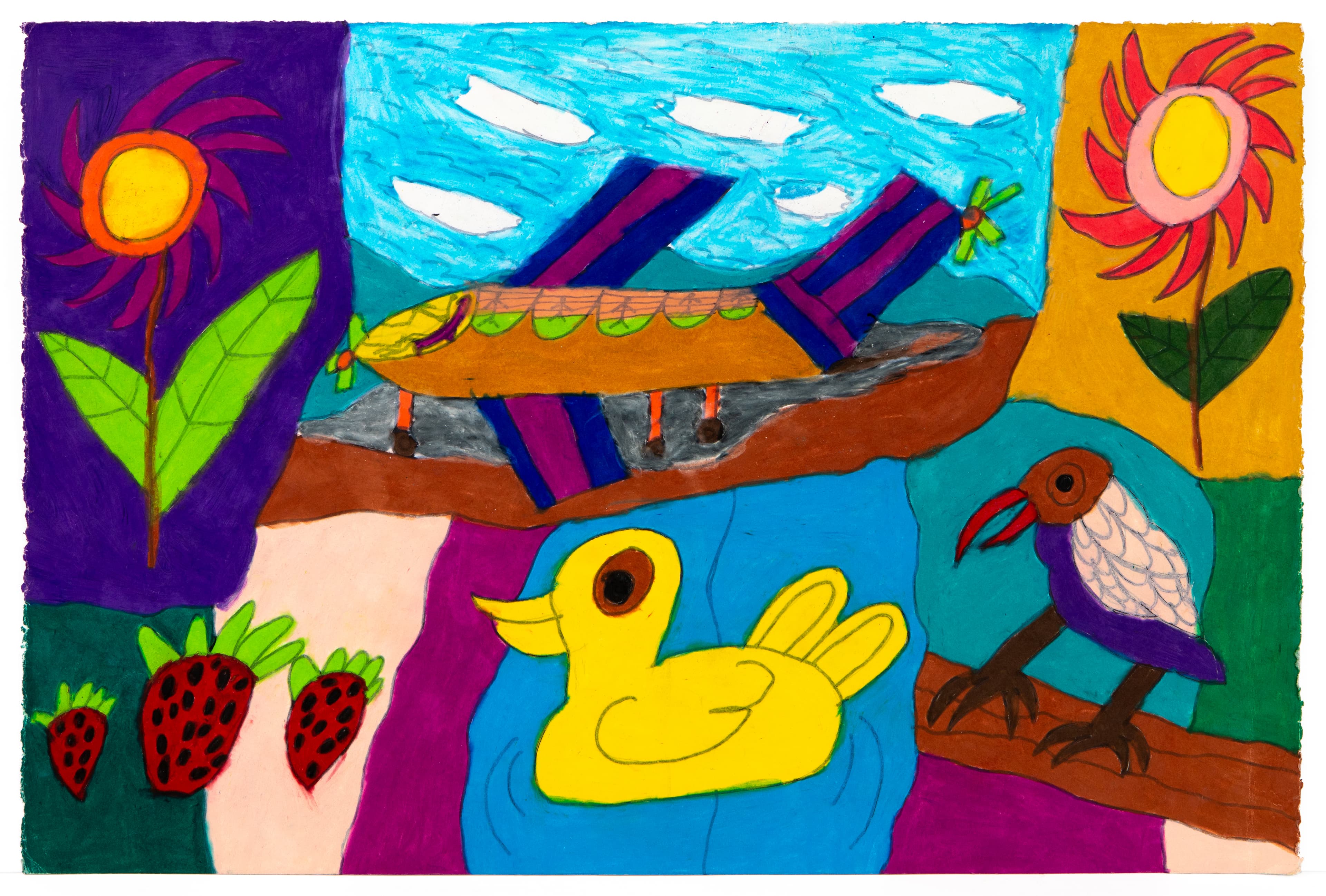Colorful drawing with boat, duck, bird, flowers, and strawberries in ink and pastel on paper