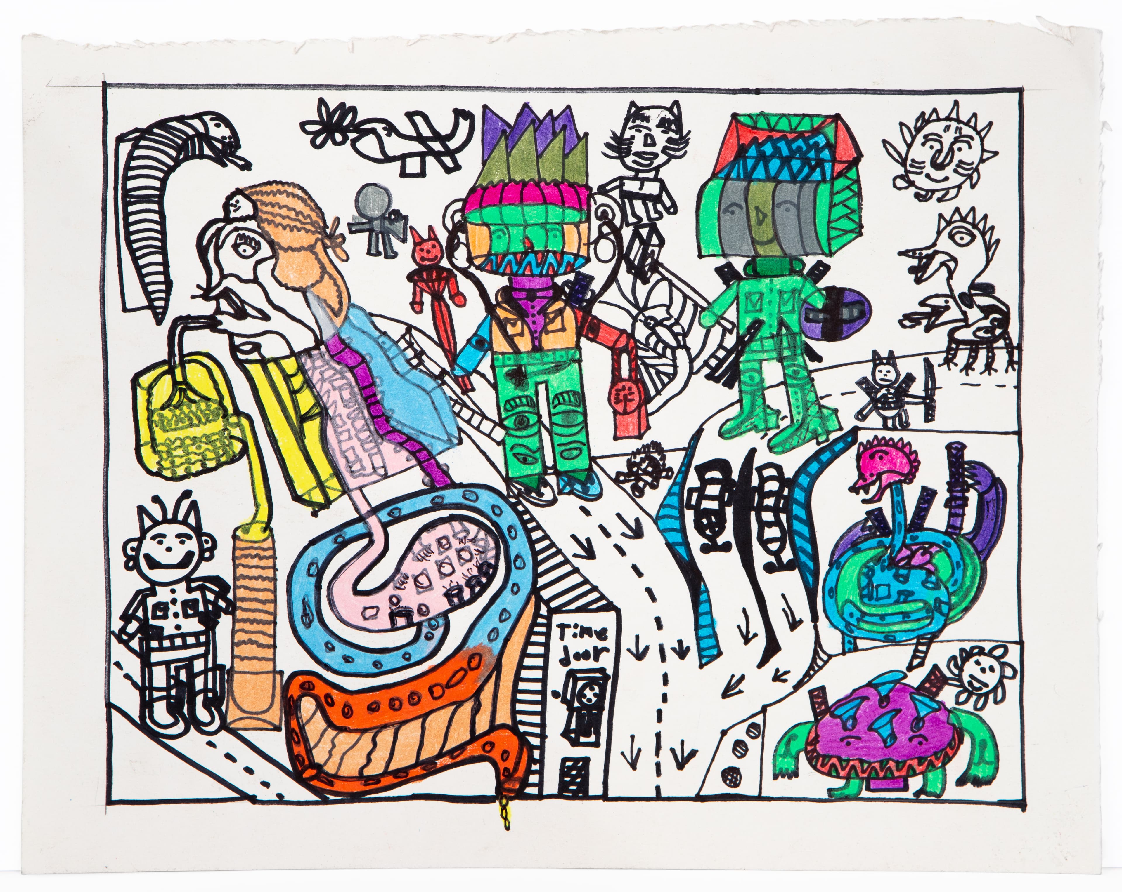 Colorful drawing with robots, figures, and fantastical creatures in colored pencil and ink on paper