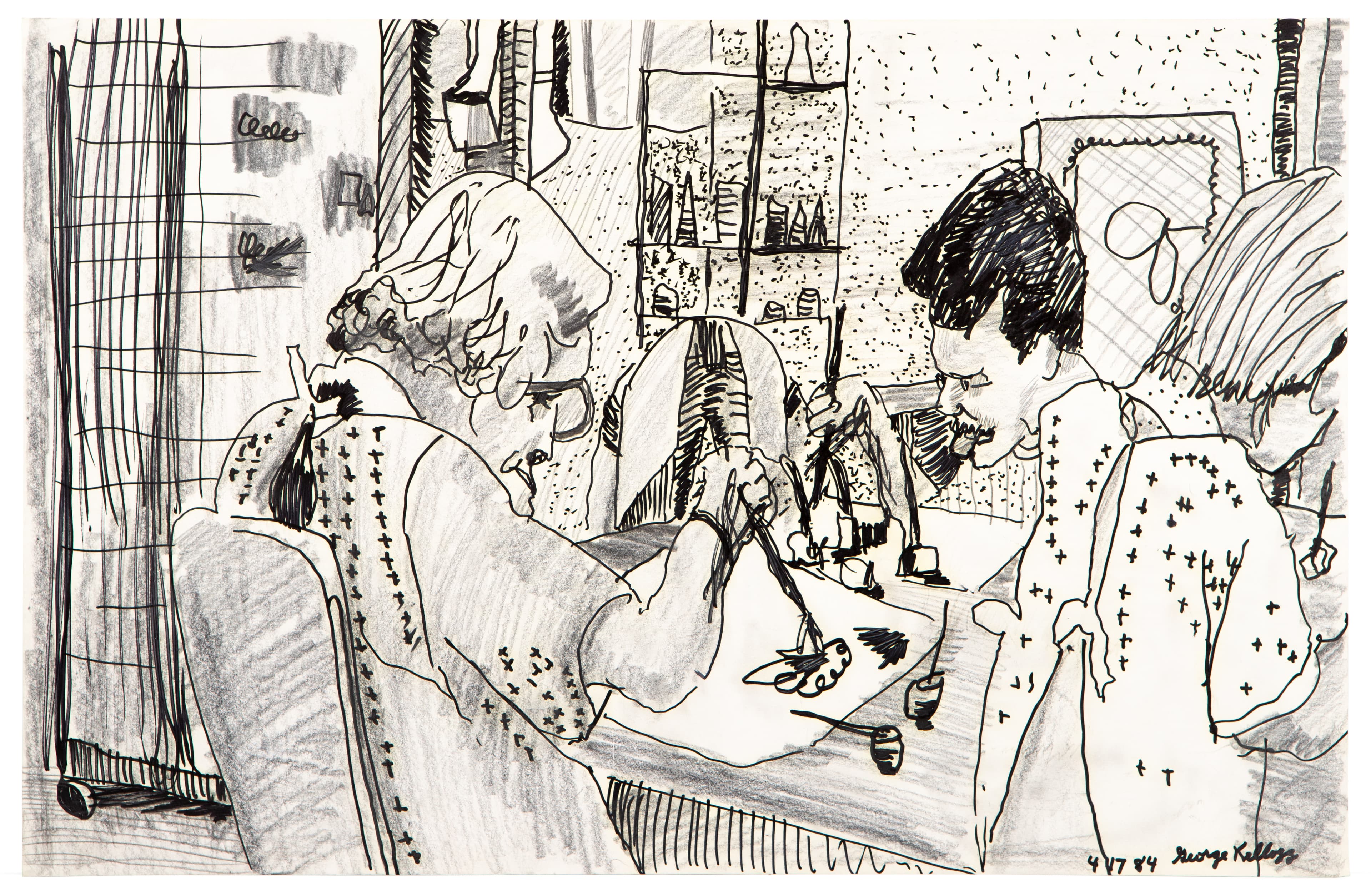 Black and white ink and pencil drawing showing two figures in an interior space with furniture and decorative elements