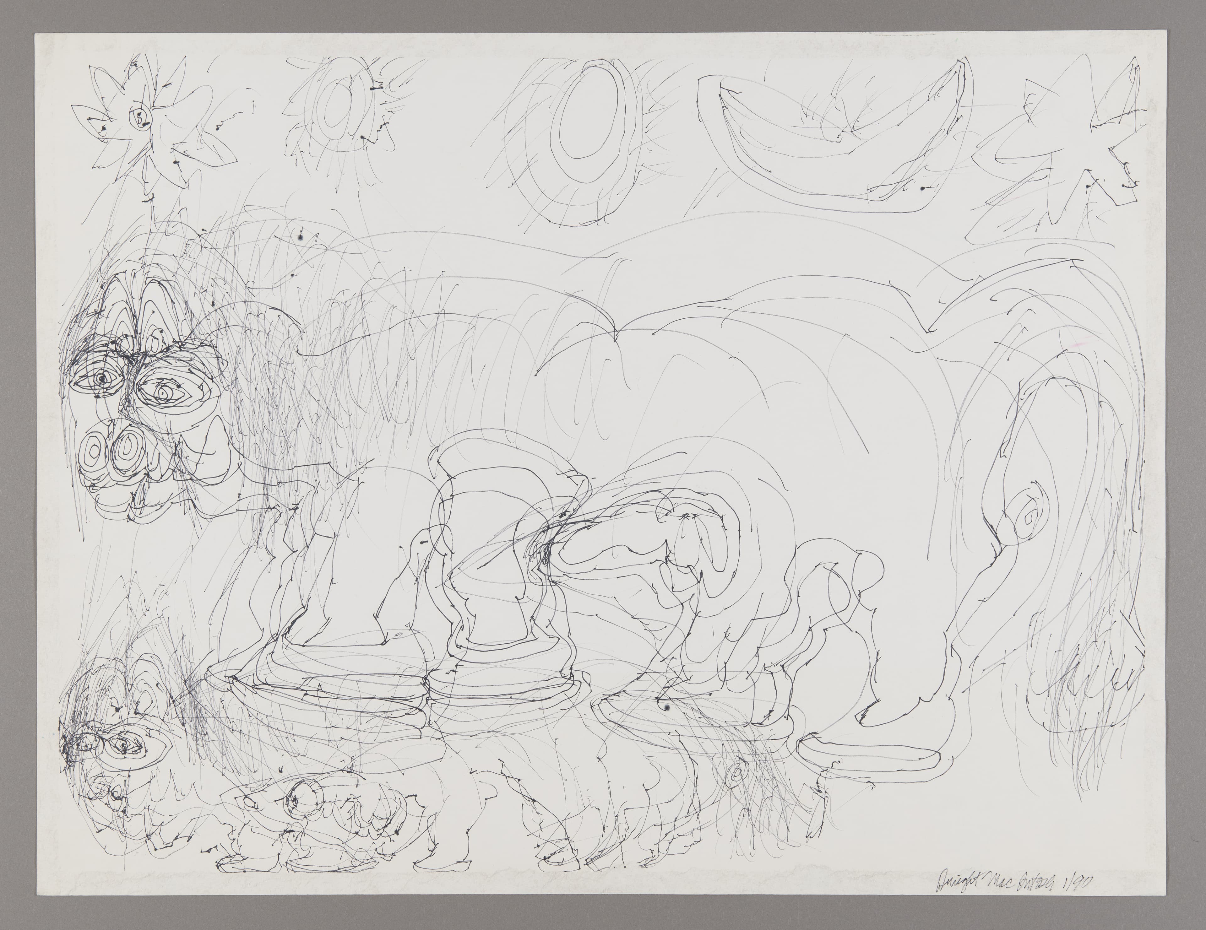 Pencil drawing featuring faces, celestial symbols, and flowing organic forms on white paper