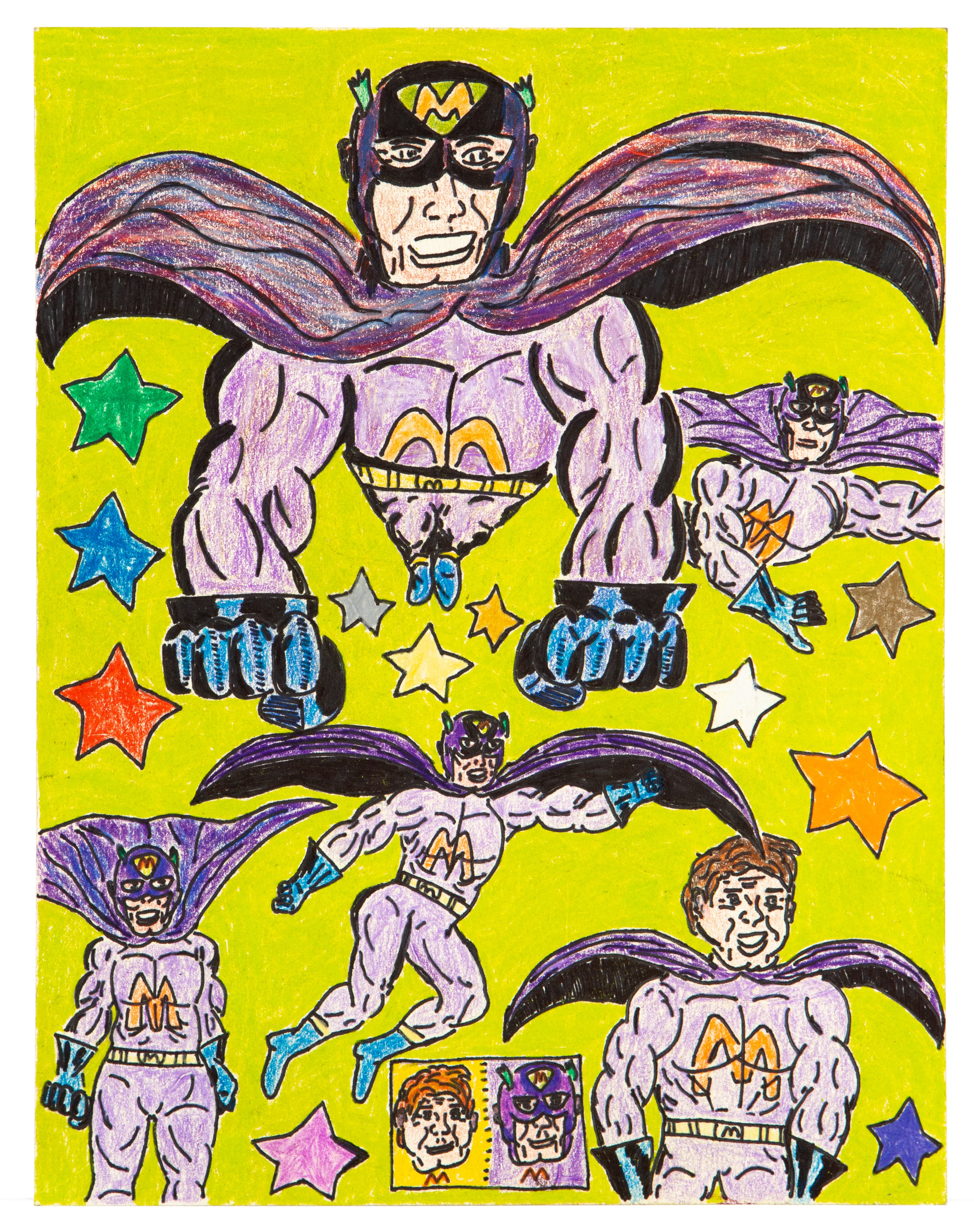 Drawing of superhero character with bat wings and mask repeated in multiple poses on bright yellow background with stars