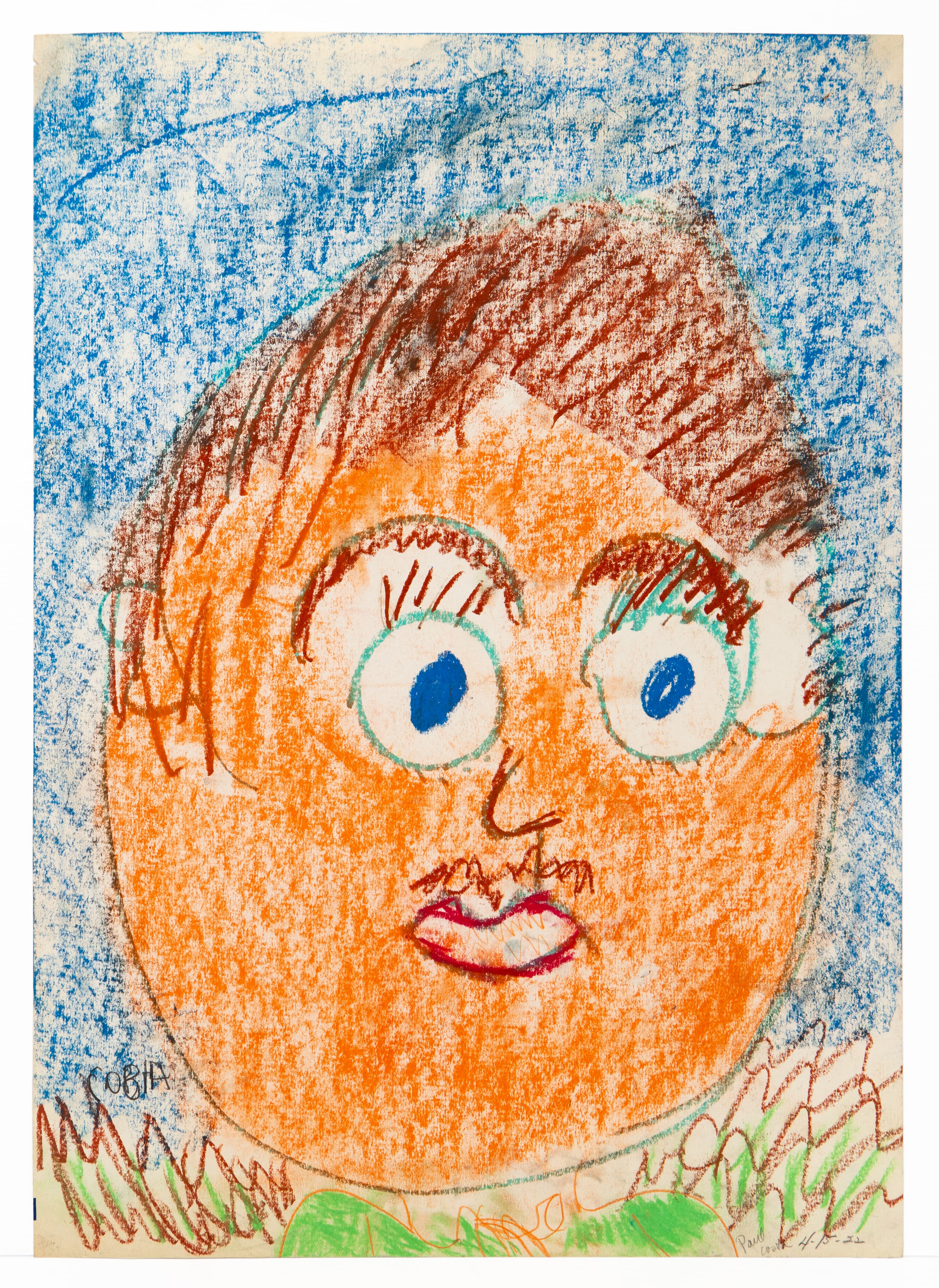 Drawing of a face with large round eyes, orange and brown hair, red lips, crayon on paper