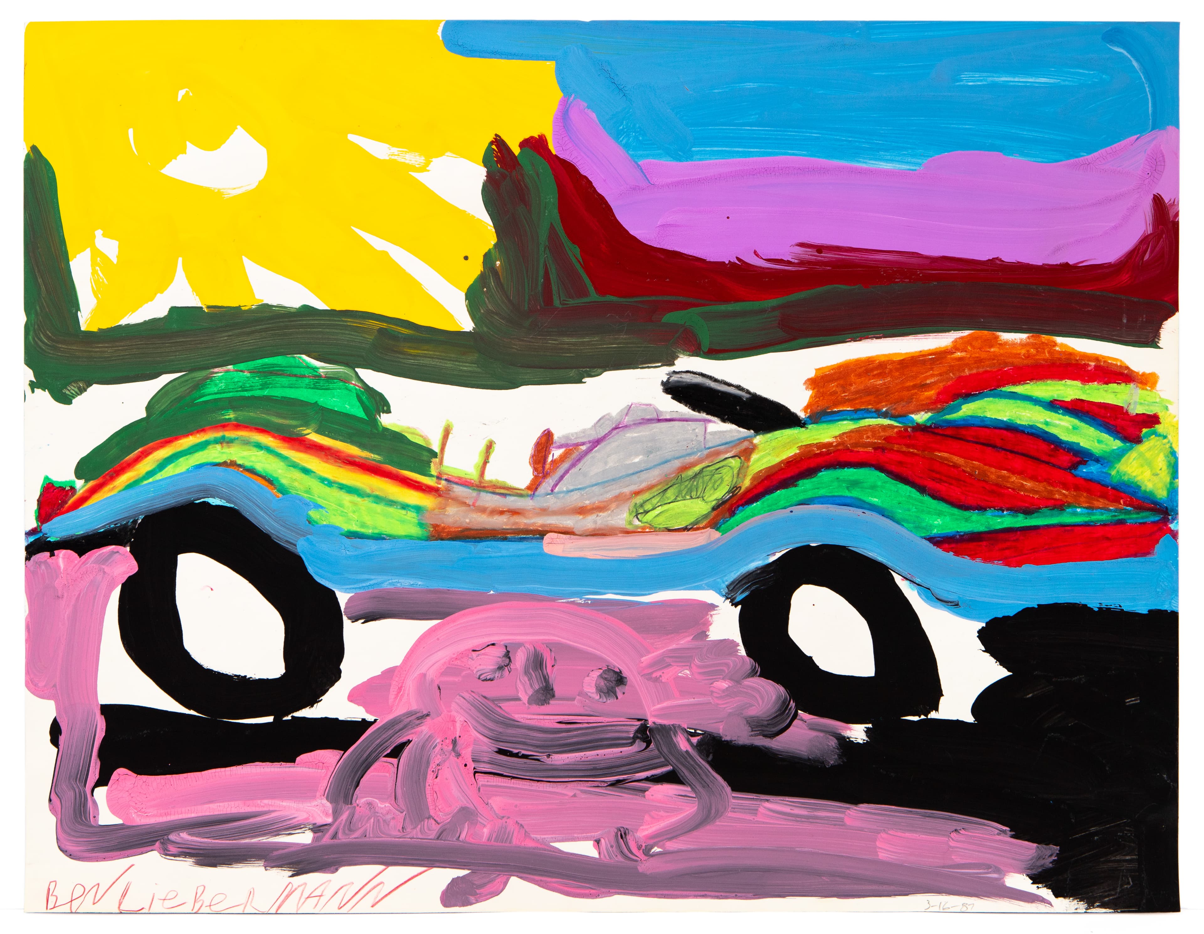 Colorful abstract painting of a car with rainbow stripes, acrylic and colored pencil on paper