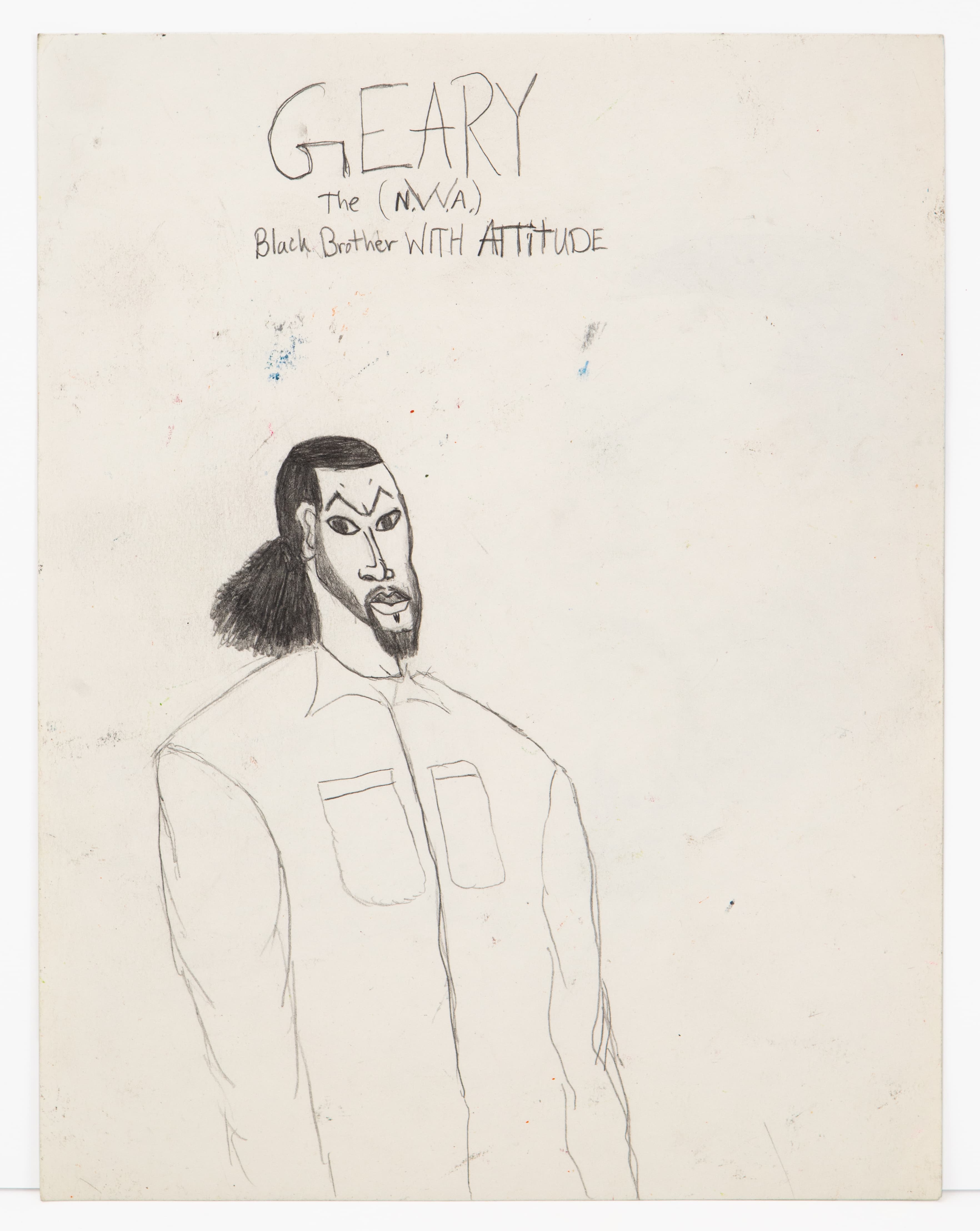 Pencil drawing of a figure with facial hair and ponytail wearing a collared shirt, titled 'GEARY' at top