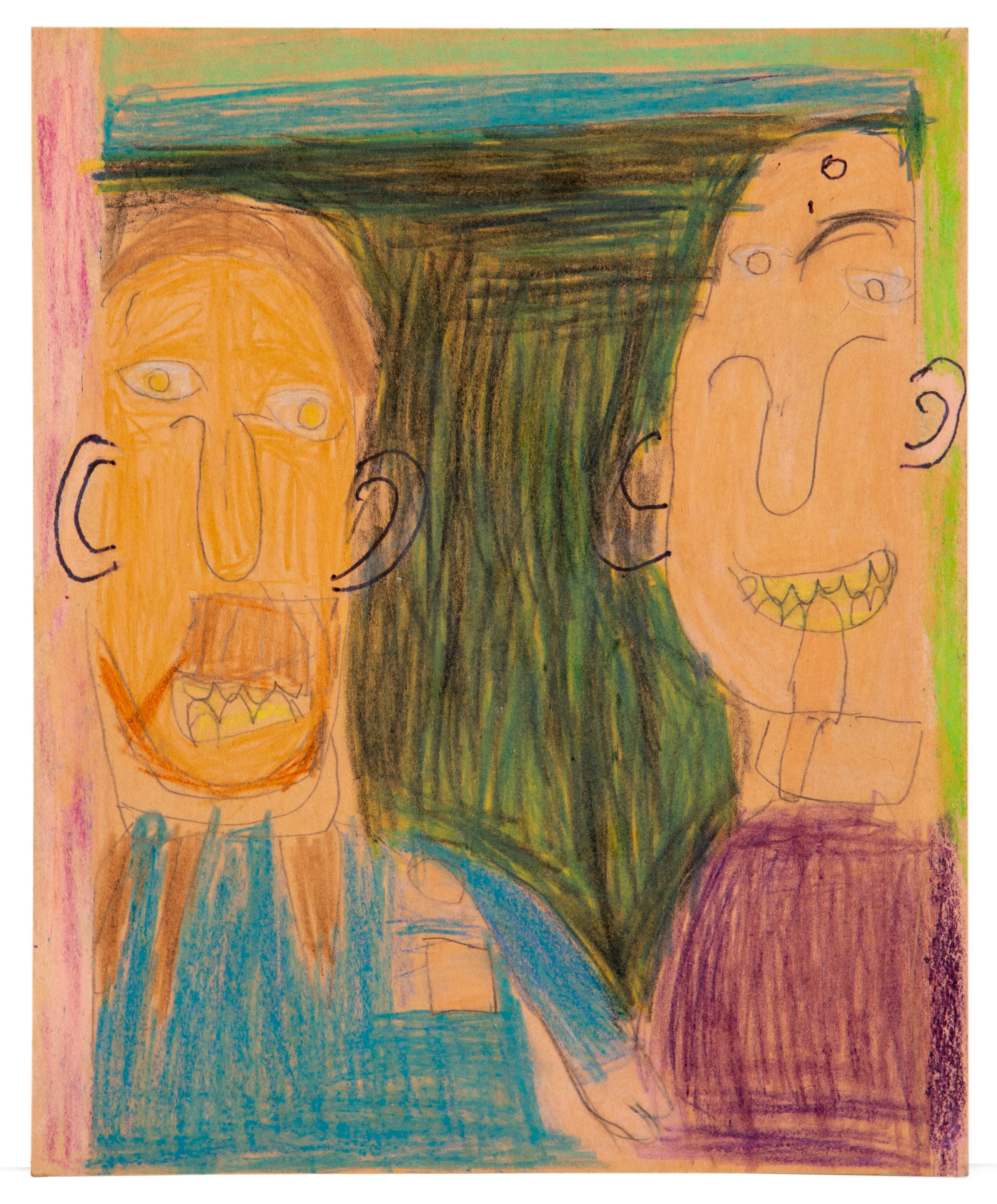 Drawing of two smiling figures with exaggerated features in colored pencil and ink on paper