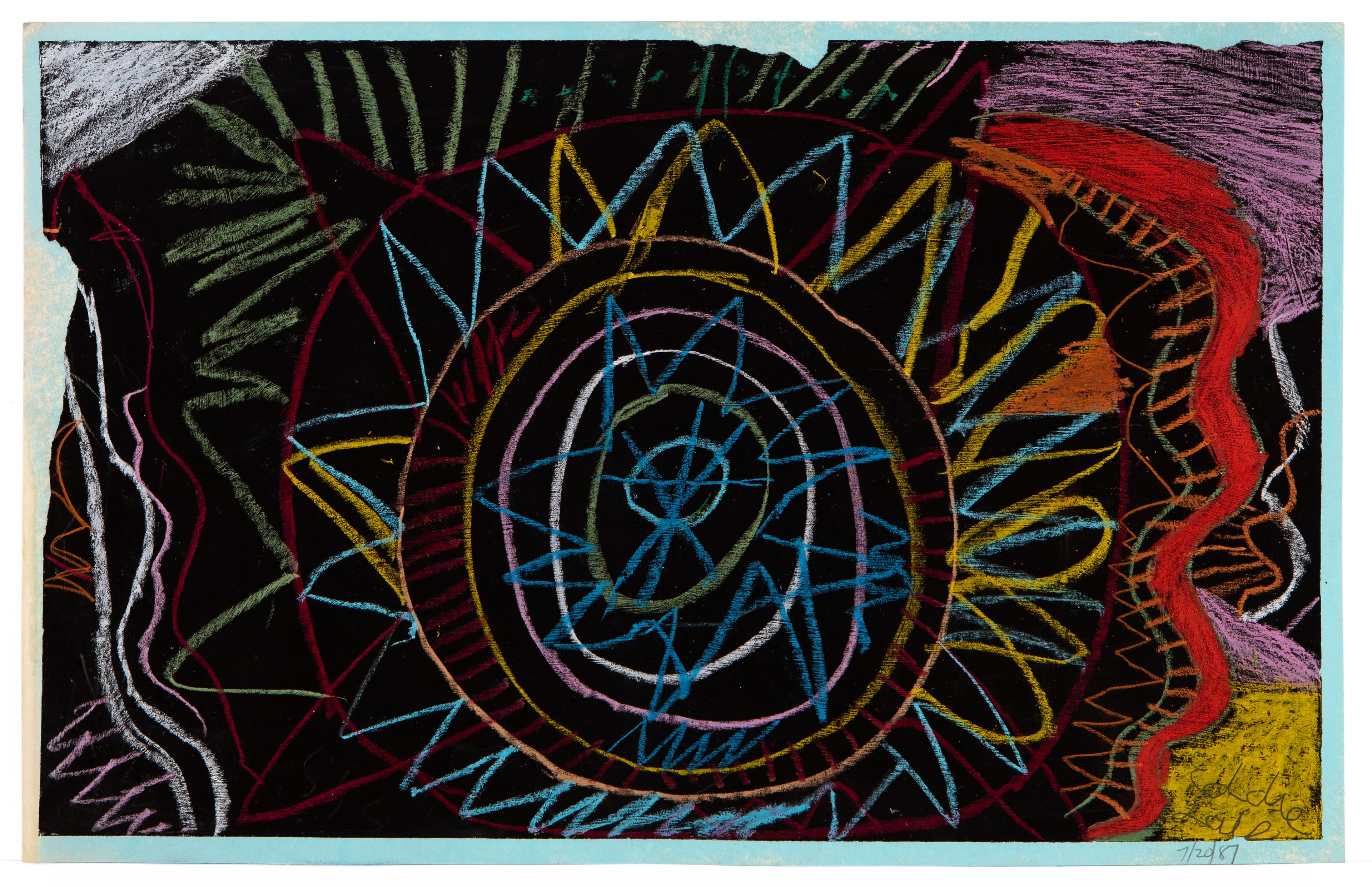 Drawing with concentric circles and radiating sun-like pattern in colored pencil on black paper