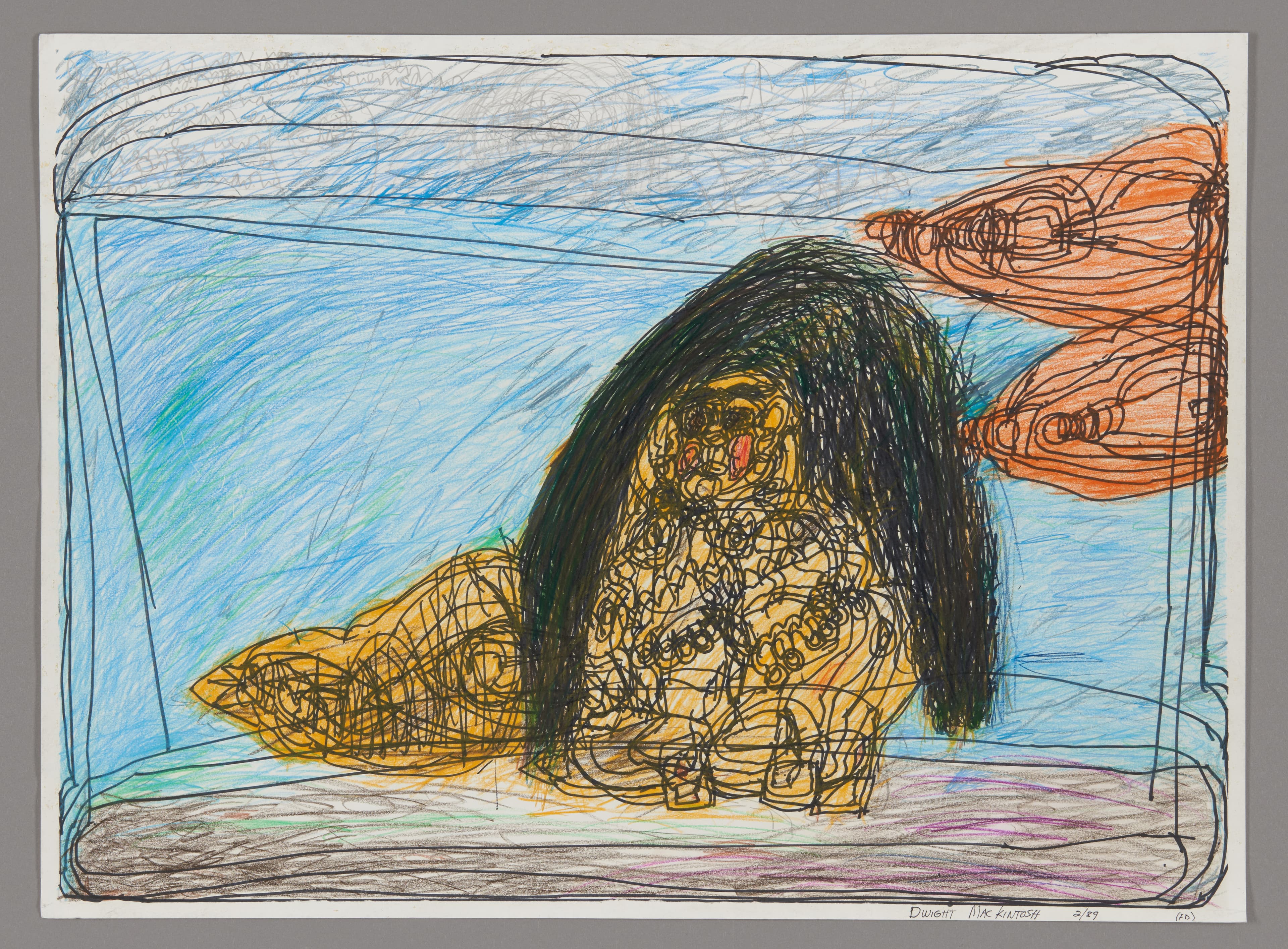 Drawing of a figure with long dark hair in ink and crayon on paper, surrounded by gestural lines and color.