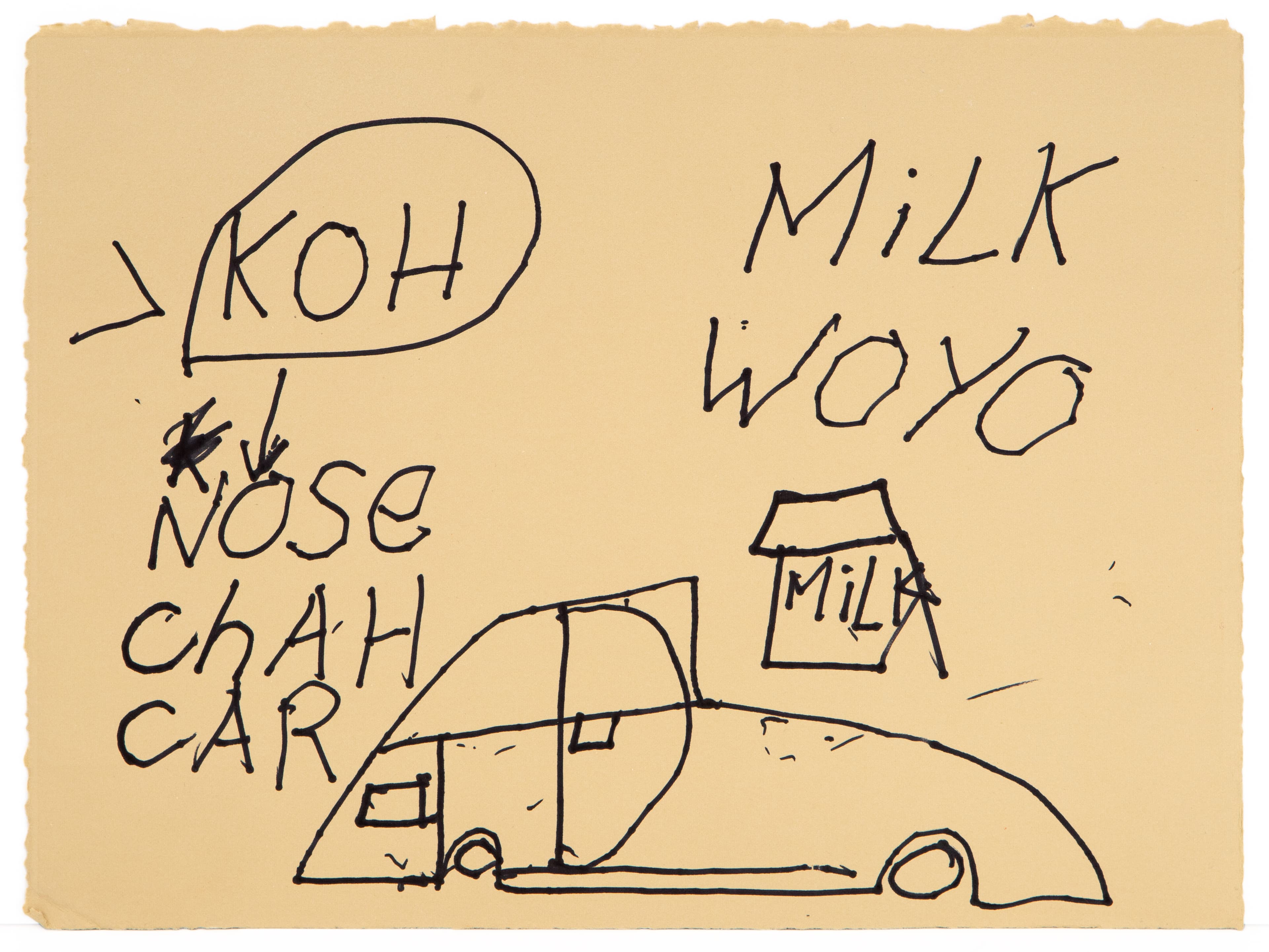 Ink drawing on beige paper showing a car with handwritten text labels including 'KOH', 'MILK WOYO', 'Nose', and 'CHAH CAR'