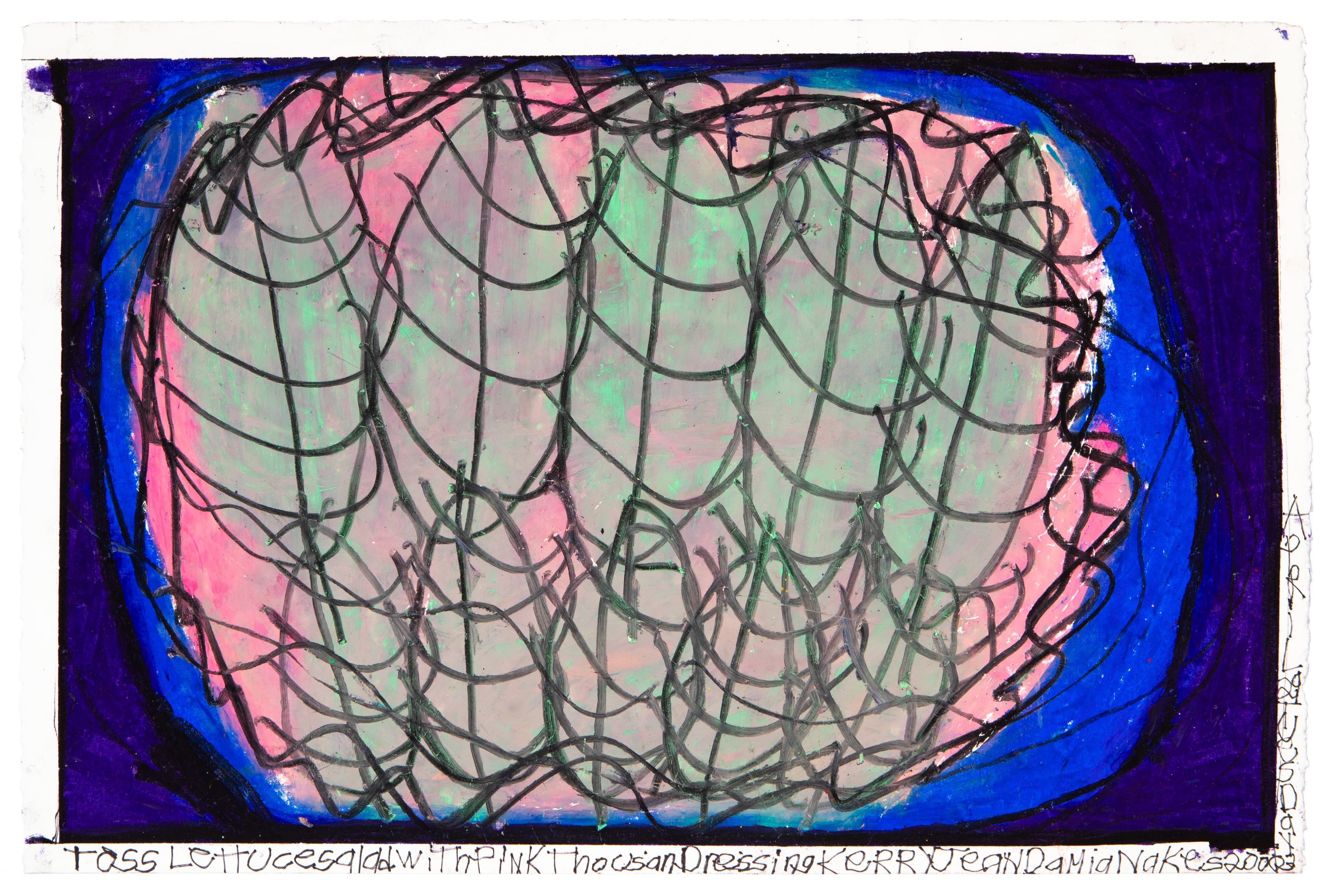 Mixed media drawing of an oval bowl with grid pattern containing pink and green areas on purple background