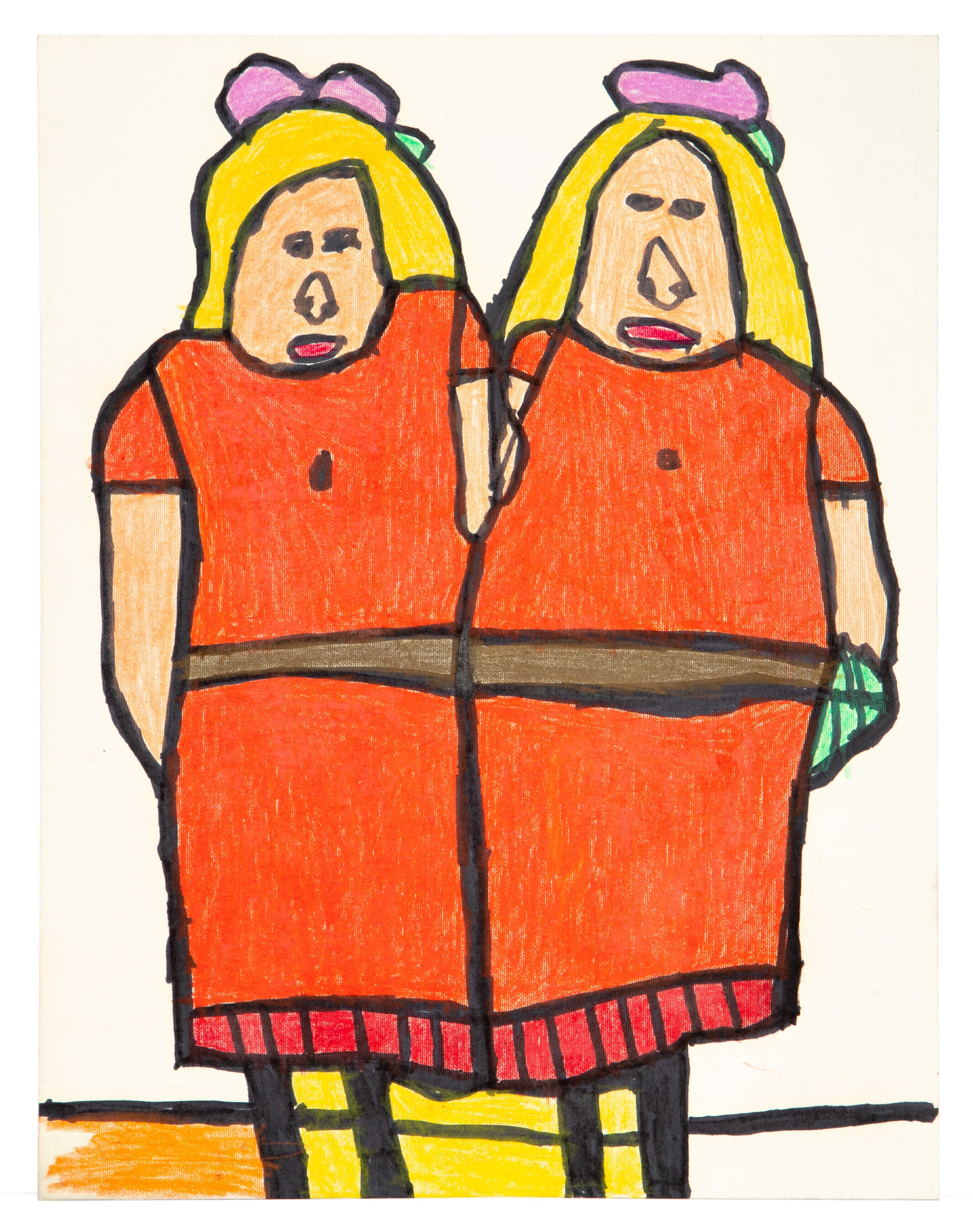 Drawing of two conjoined figures with blonde hair and pink bows wearing orange clothing, ink and pastel on paper