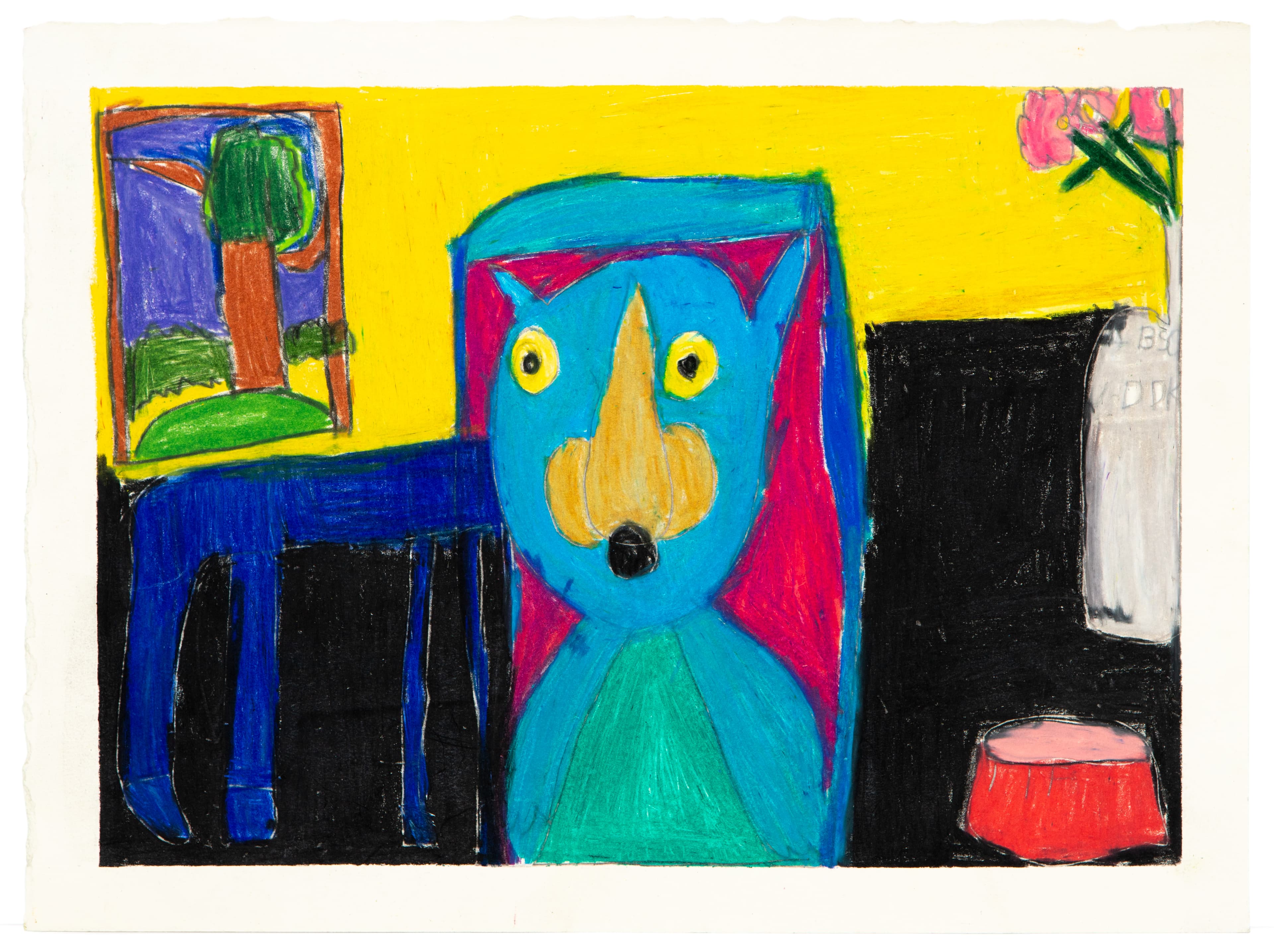 Colored pencil drawing showing a blue dog-like figure with yellow eyes and orange snout in an interior scene