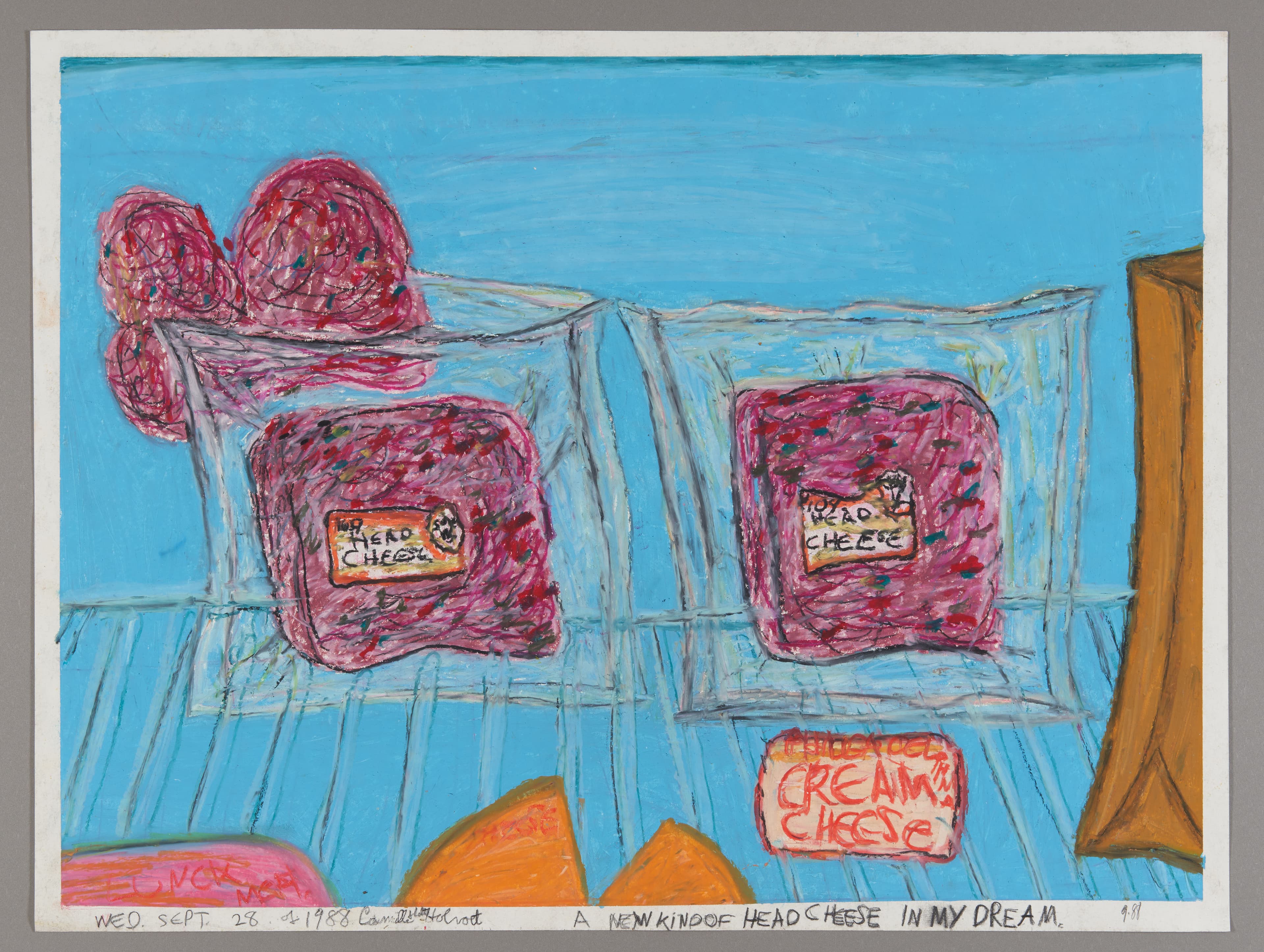 Oil pastel drawing of refrigerator interior with packaged meats labeled 'head cheese' on blue shelves