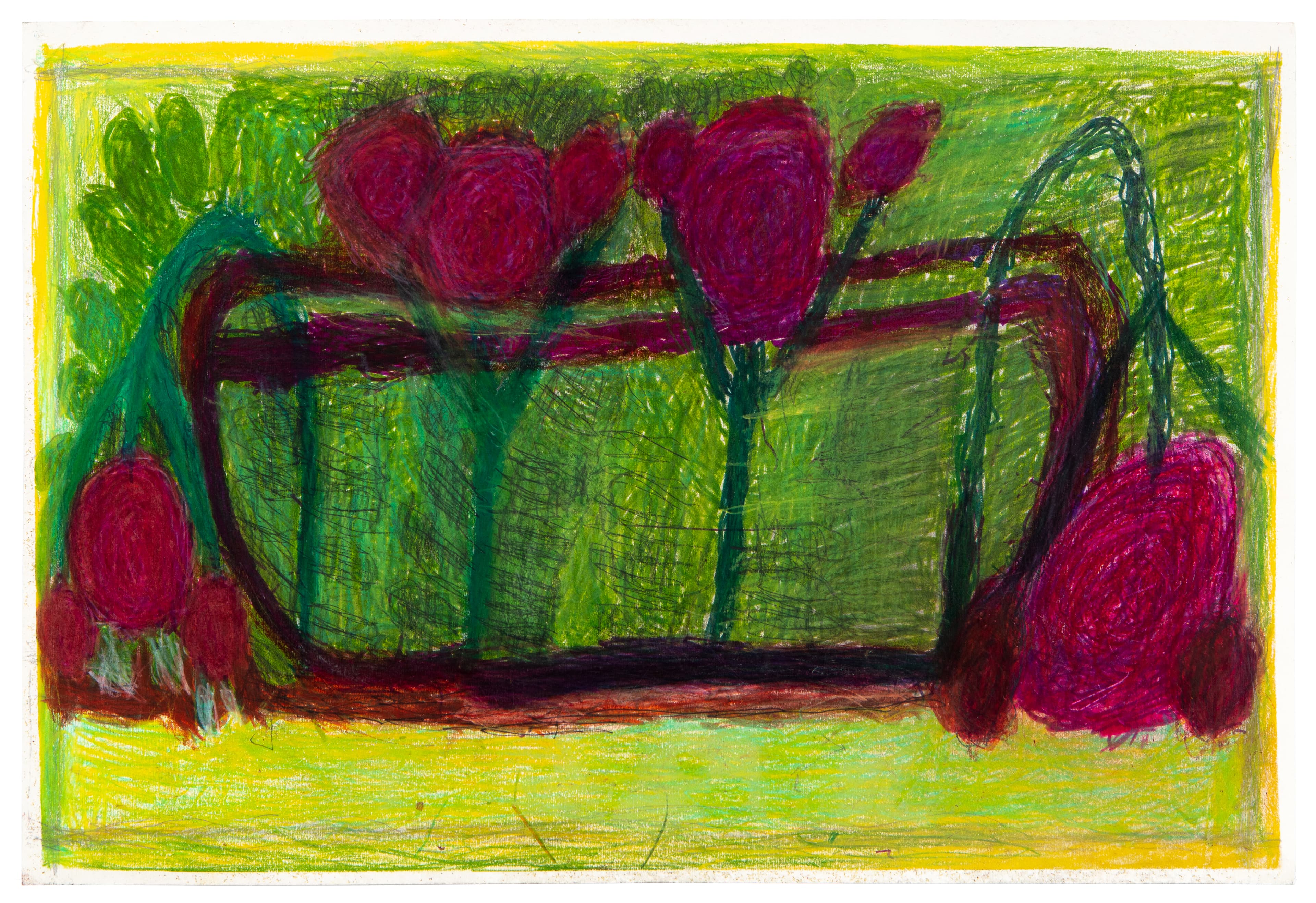 Drawing of green basket filled with red fruit, oil pastel on paper