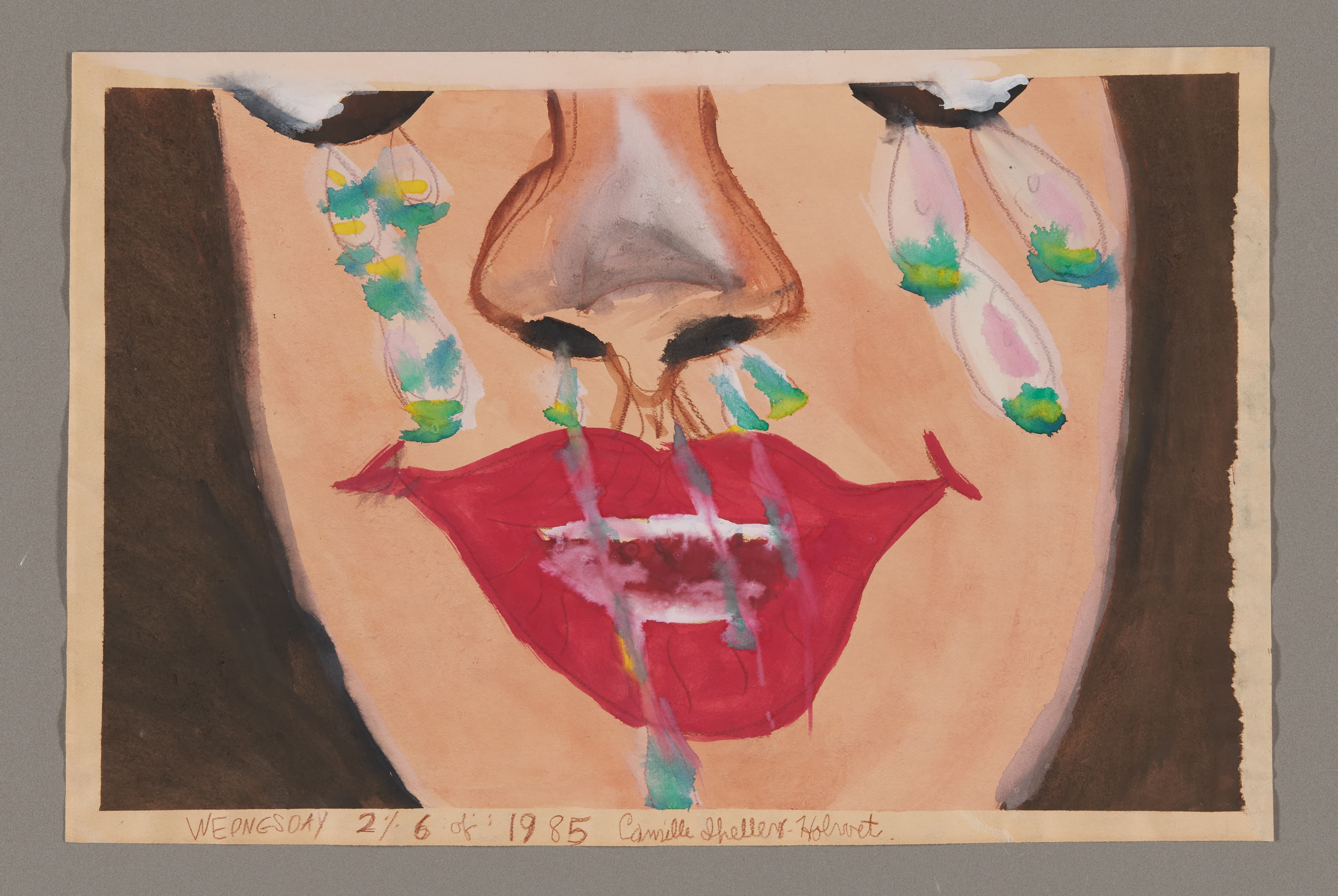 Watercolor portrait showing close-up of face with prominent red lips and colorful teardrops, by Camille Holvoet