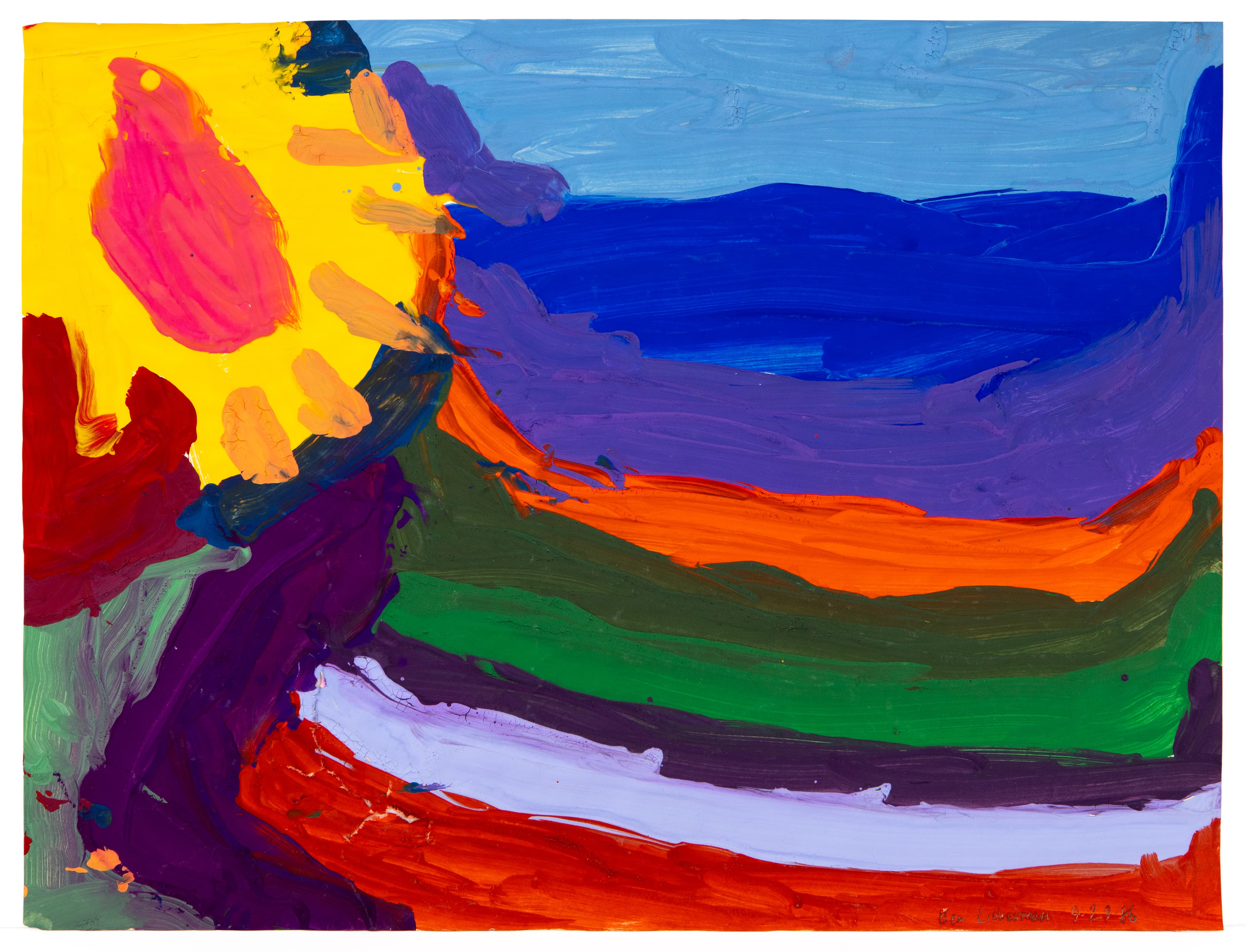 Abstract painting with bold curved bands of color including yellow, blue, orange, green, red, and purple in acrylic on paper