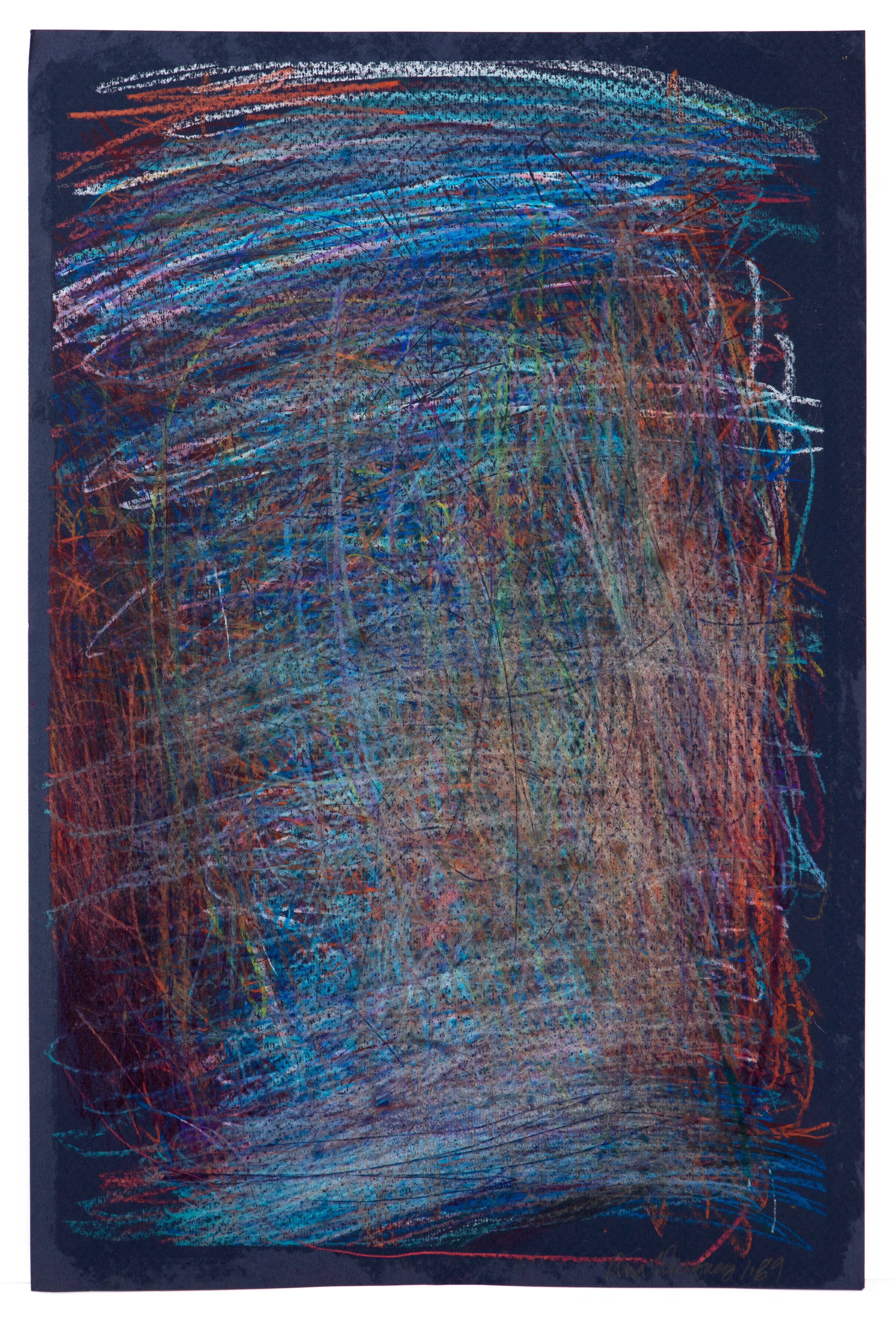 Abstract drawing with layered colored pencil strokes in blues, reds, and turquoise on dark paper