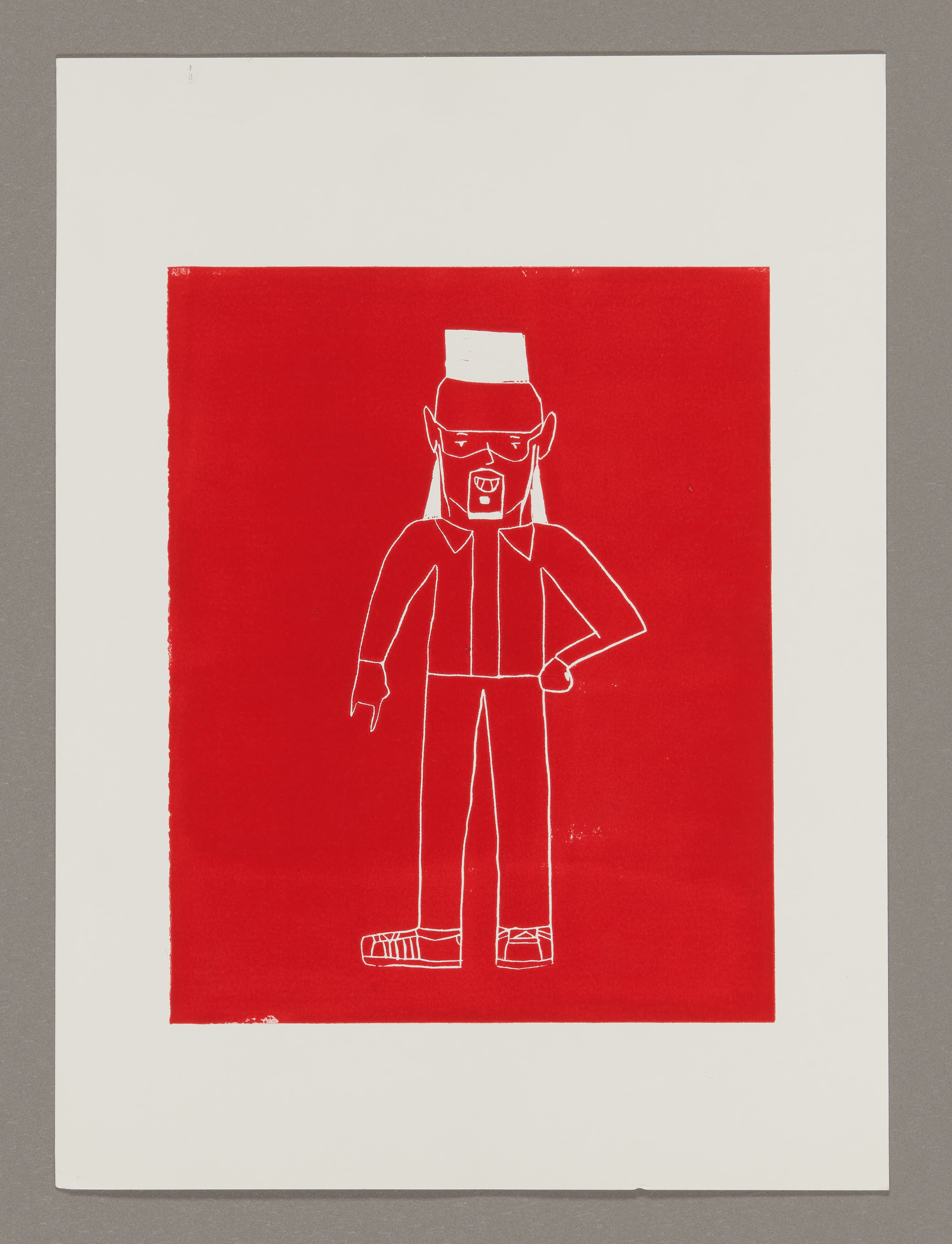 Print of white line drawing on red background showing standing figure wearing hat and uniform on white paper