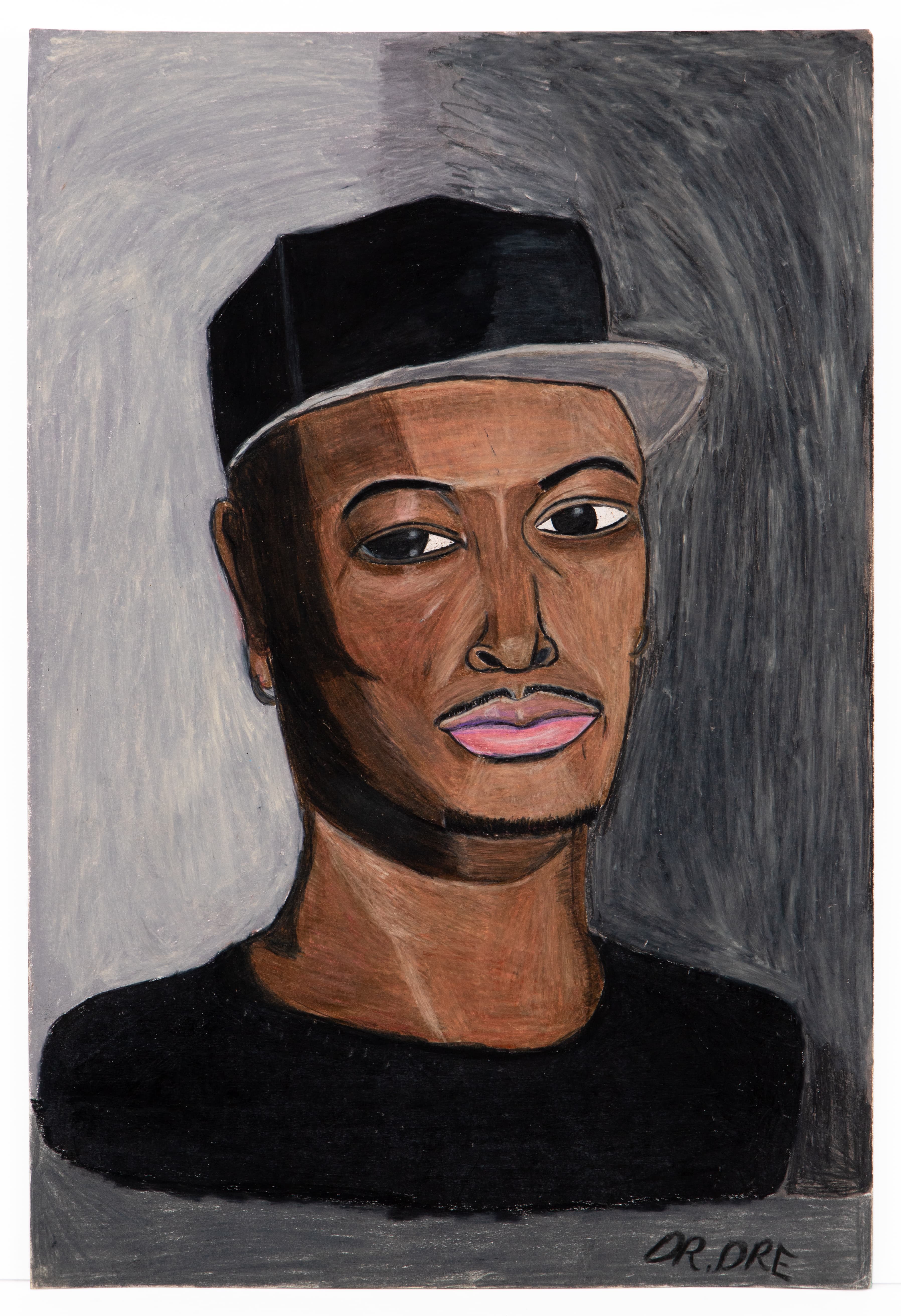 Portrait drawing of a person wearing a black cap and shirt, rendered in colored pencil on paper
