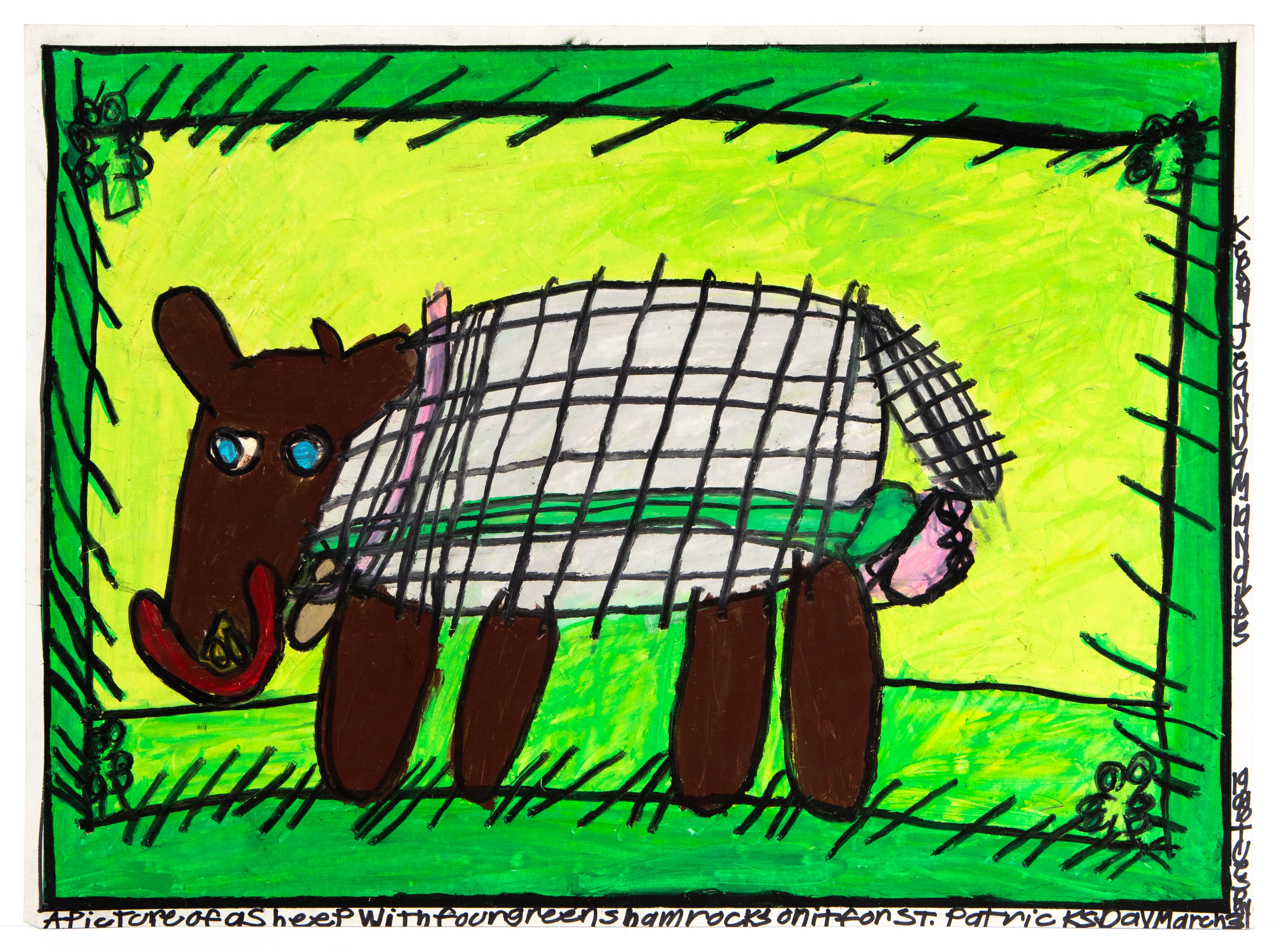Drawing of a brown sheep with blue eyes and checkered blanket in green and yellow pastel on paper