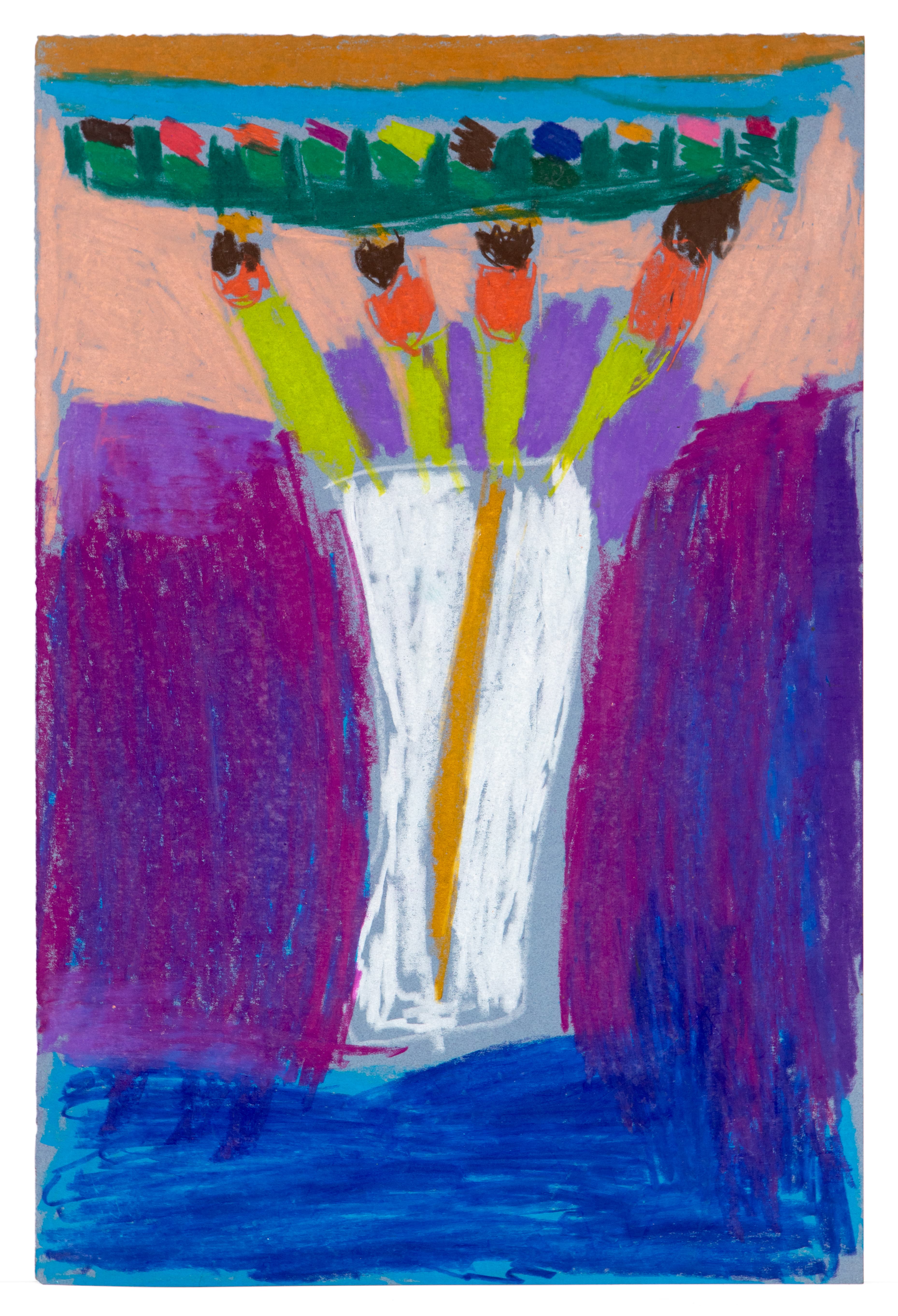 Pastel drawing of four figures with green limbs supporting a colorful platform above purple and blue background
