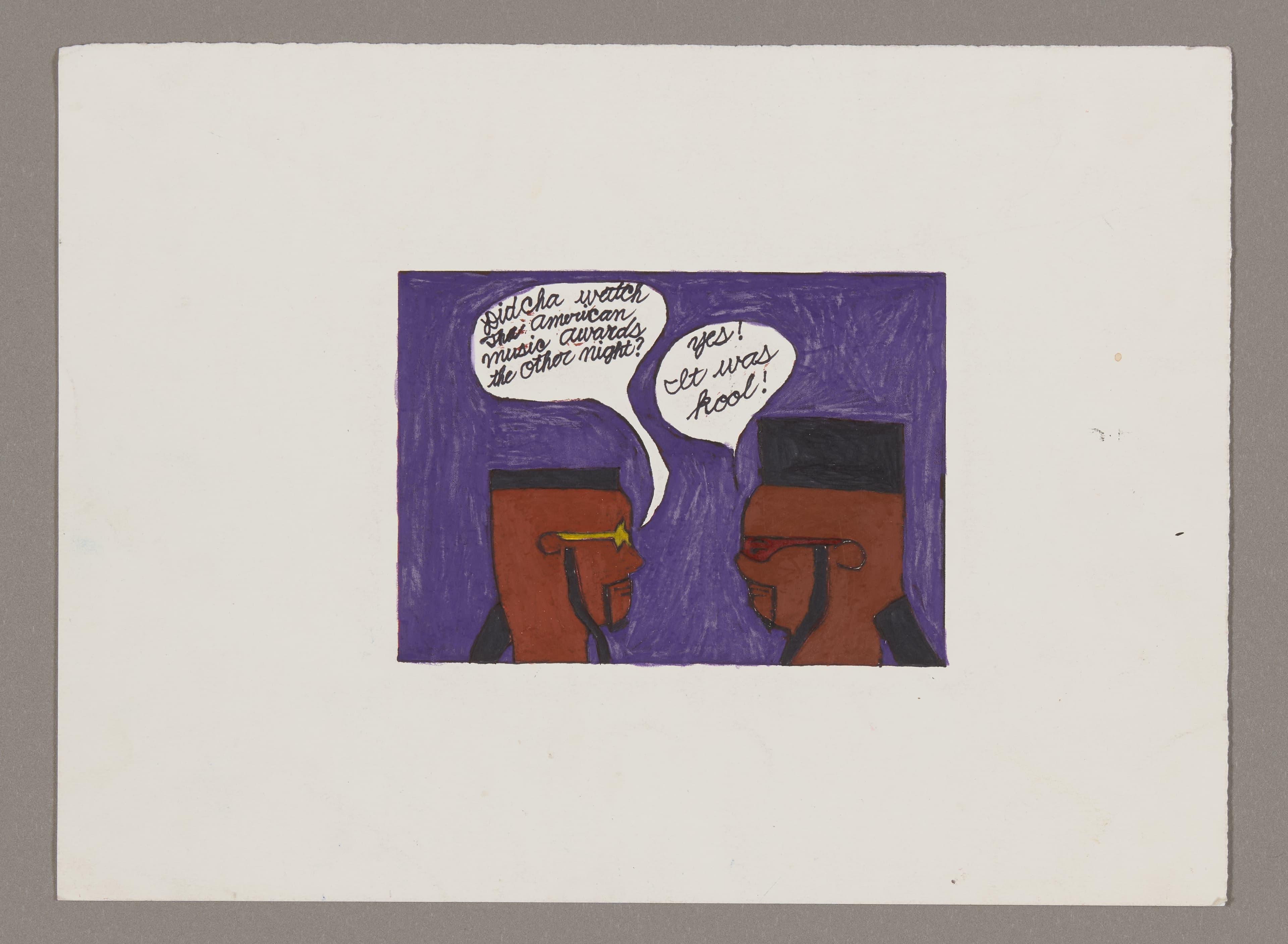 Drawing showing two figures with speech bubbles against purple background, created with color stix and ink on paper