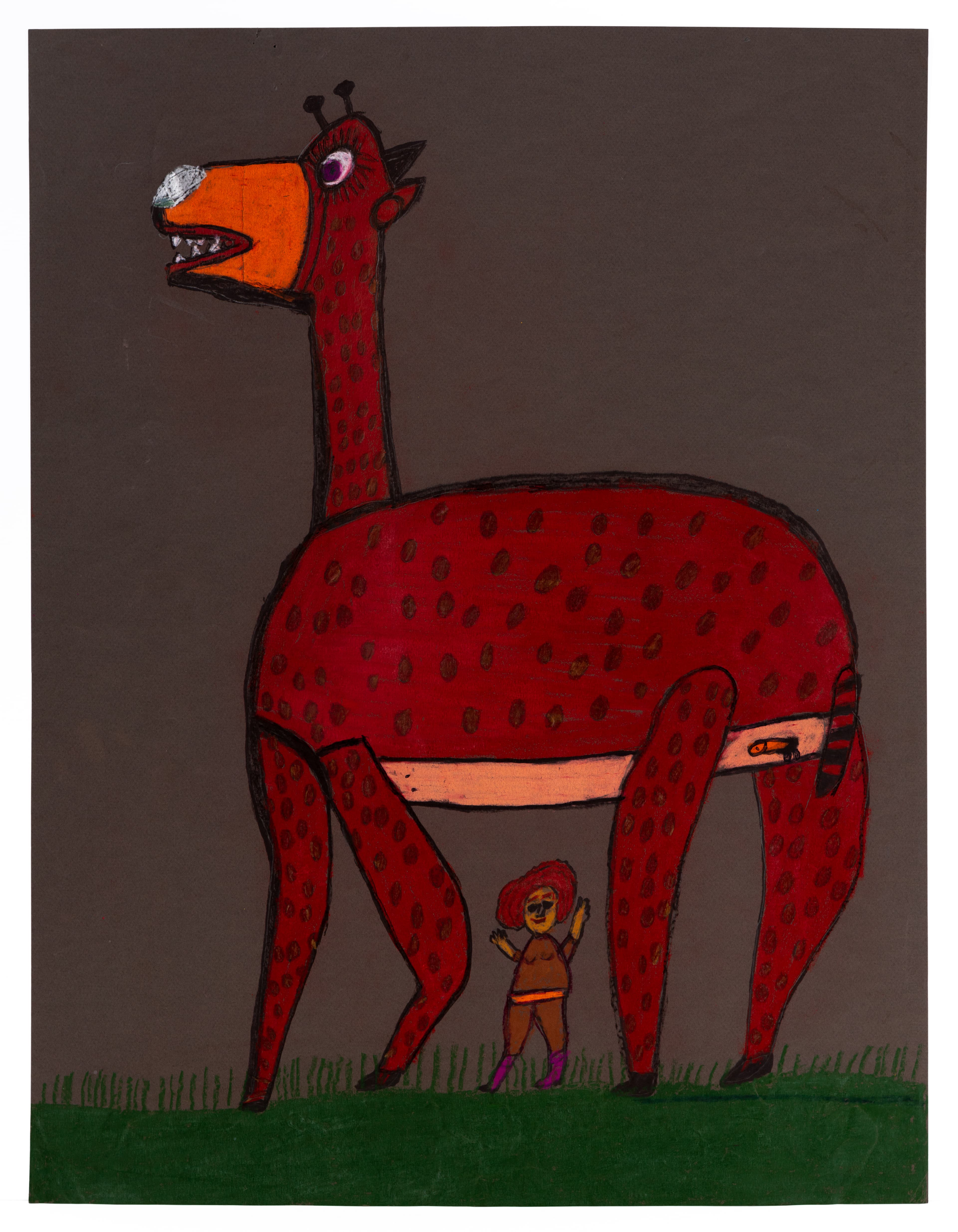 Drawing of red spotted dinosaur with orange beak and small human figure underneath, mixed media on brown paper