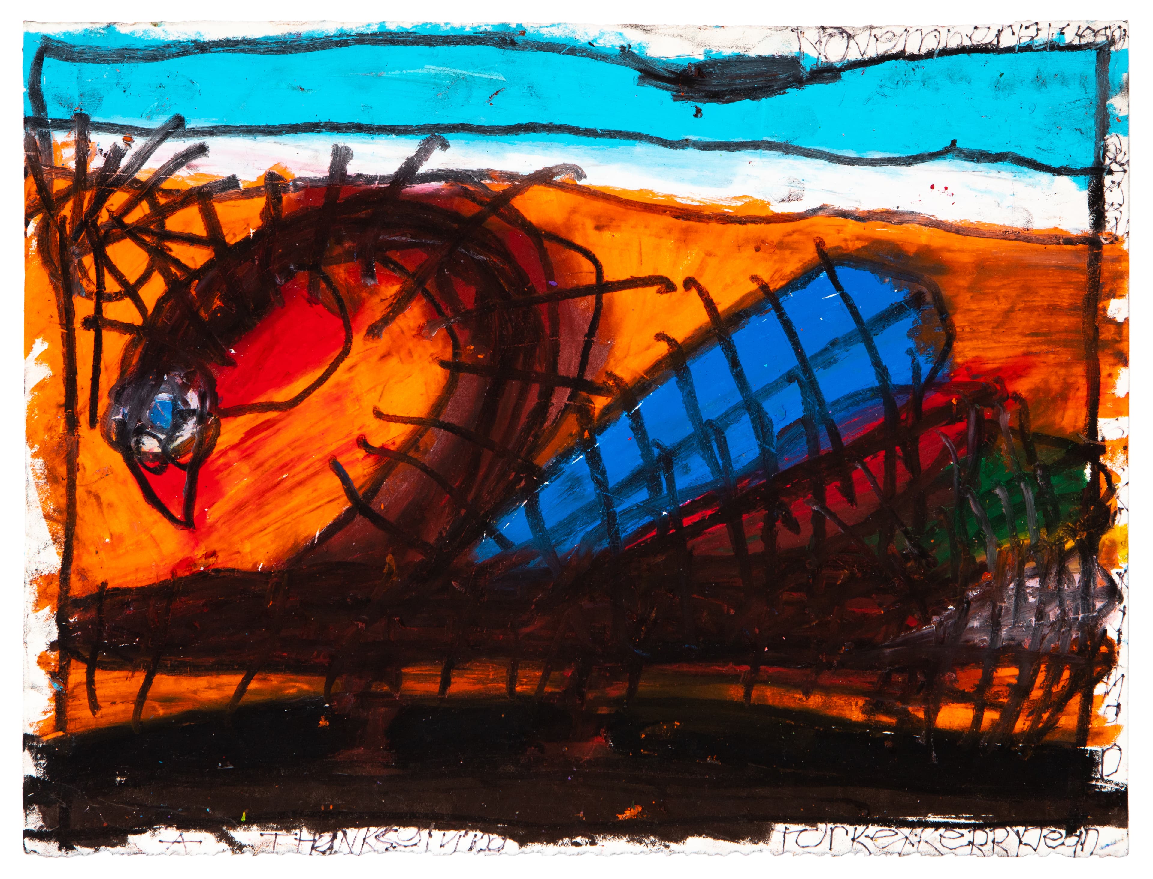 Mixed media drawing of a turkey with orange, blue, and red coloring on paper with energetic black line work
