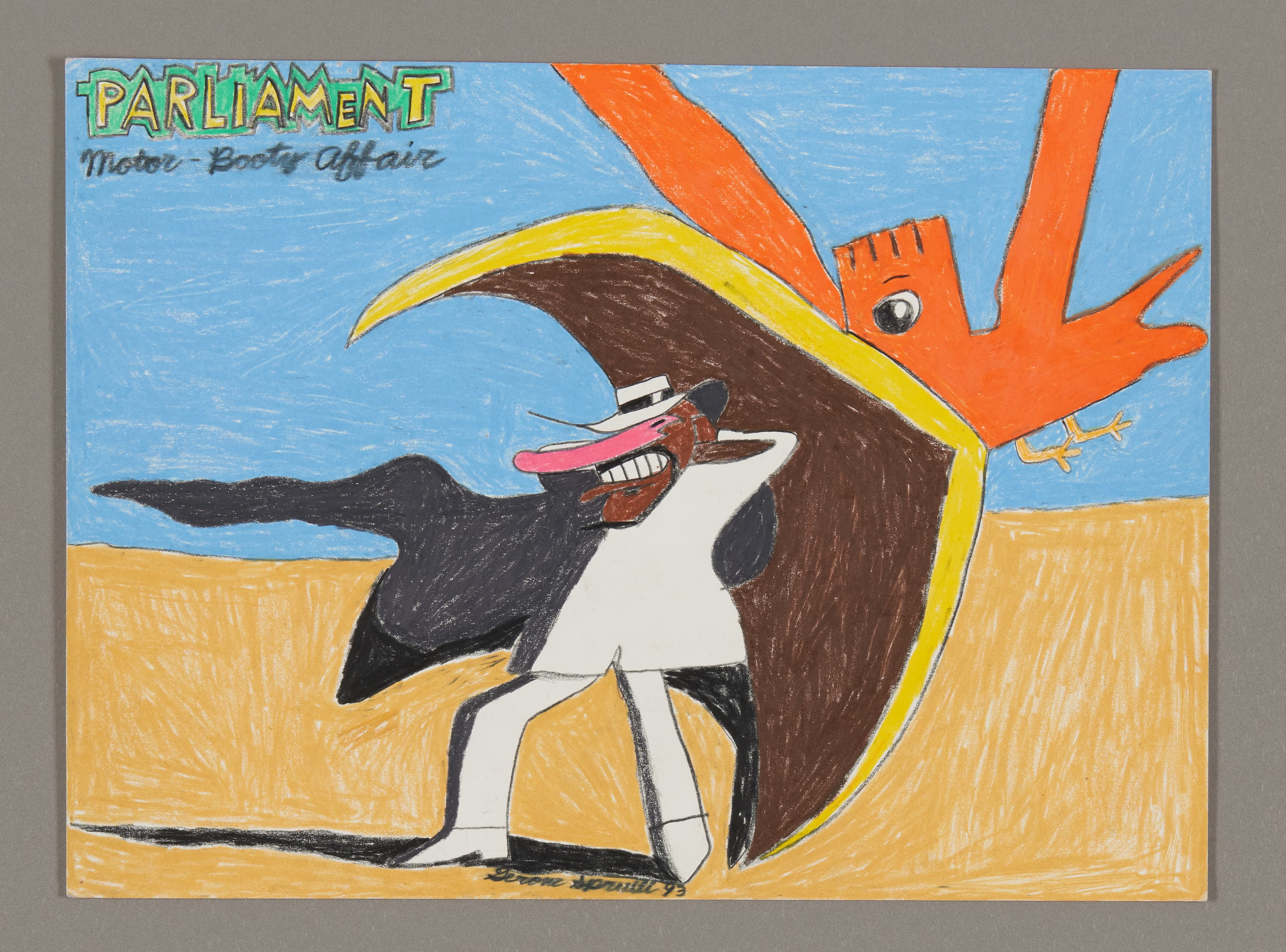 Drawing titled 'Parliament Motor-Bootsy Affair' showing a penguin-like figure with sunglasses against yellow and blue background