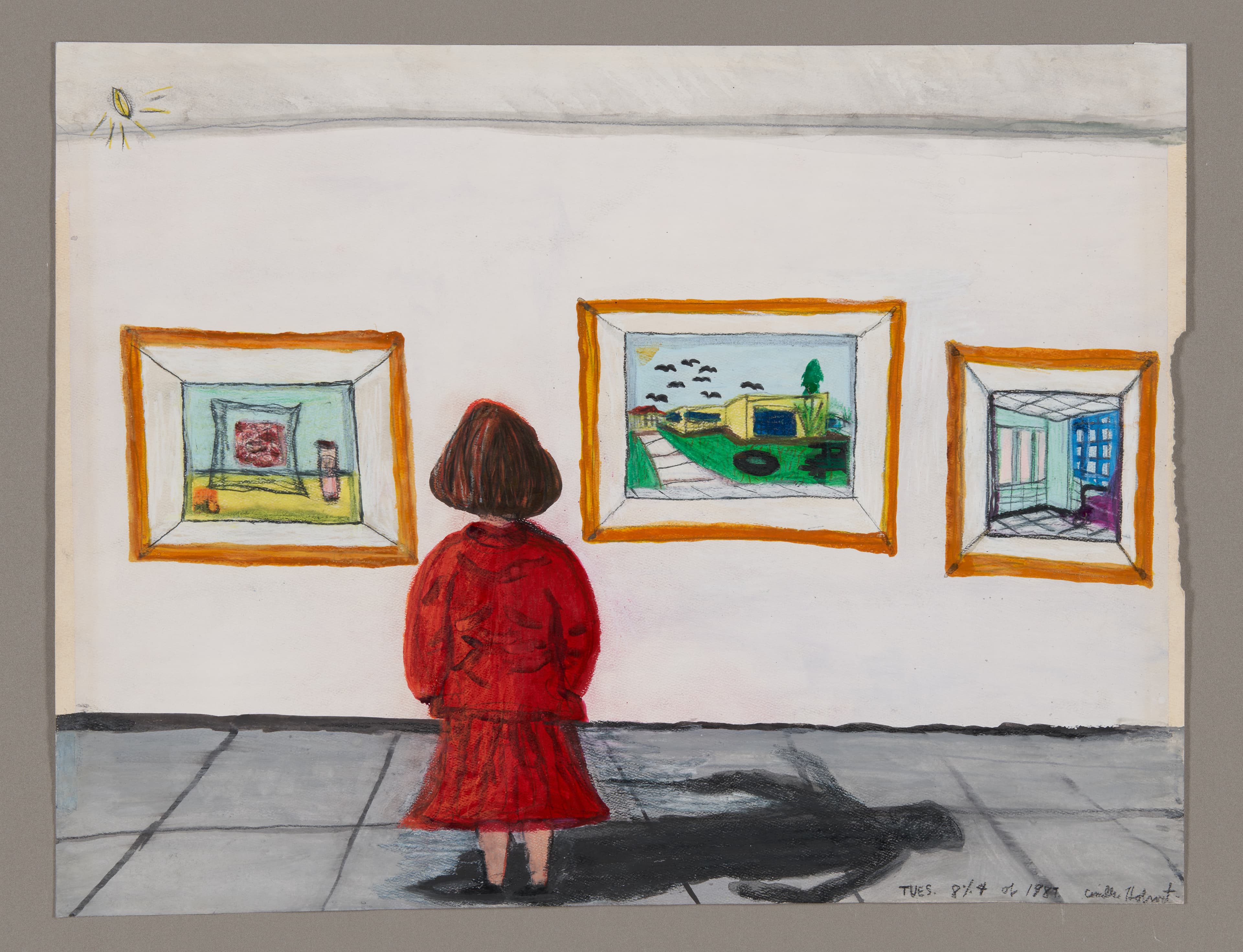 Drawing of figure in red dress viewing three framed artworks on white wall, watercolor and oil pastel