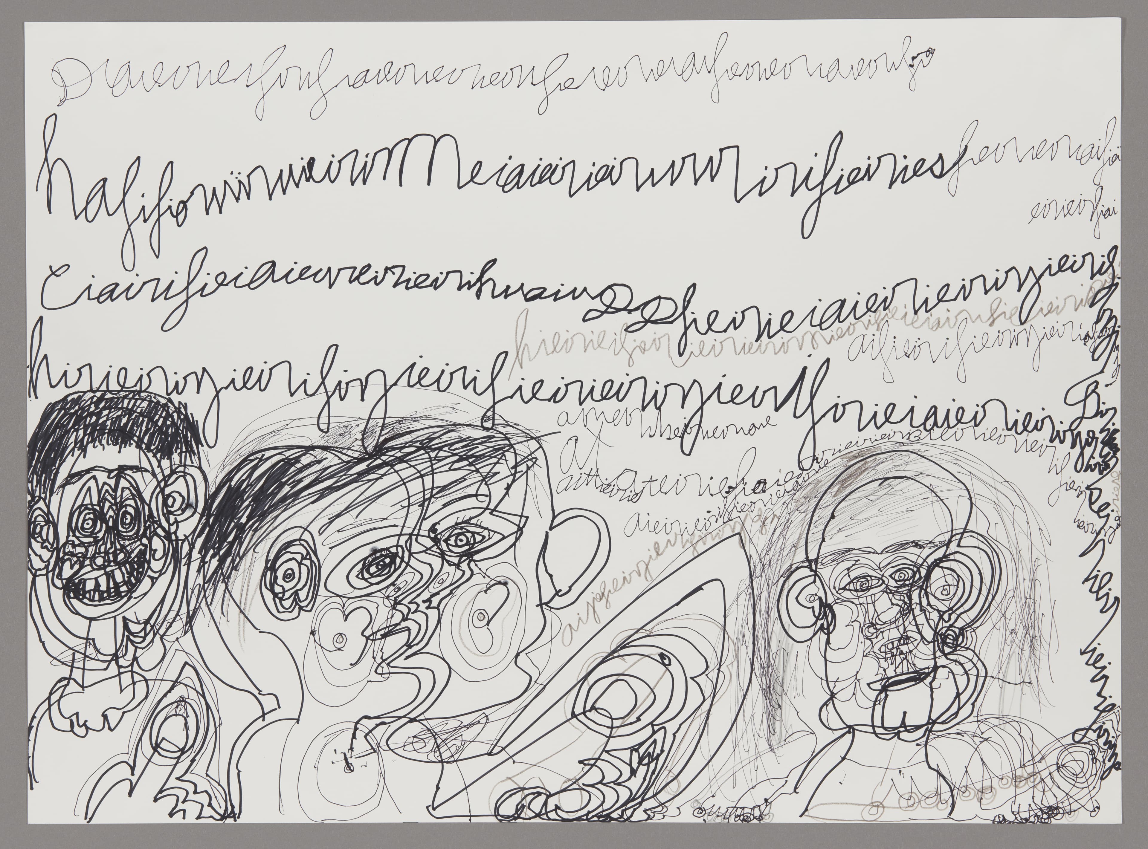 Ink and graphite drawing on paper with handwritten text and three expressive figures with exaggerated features