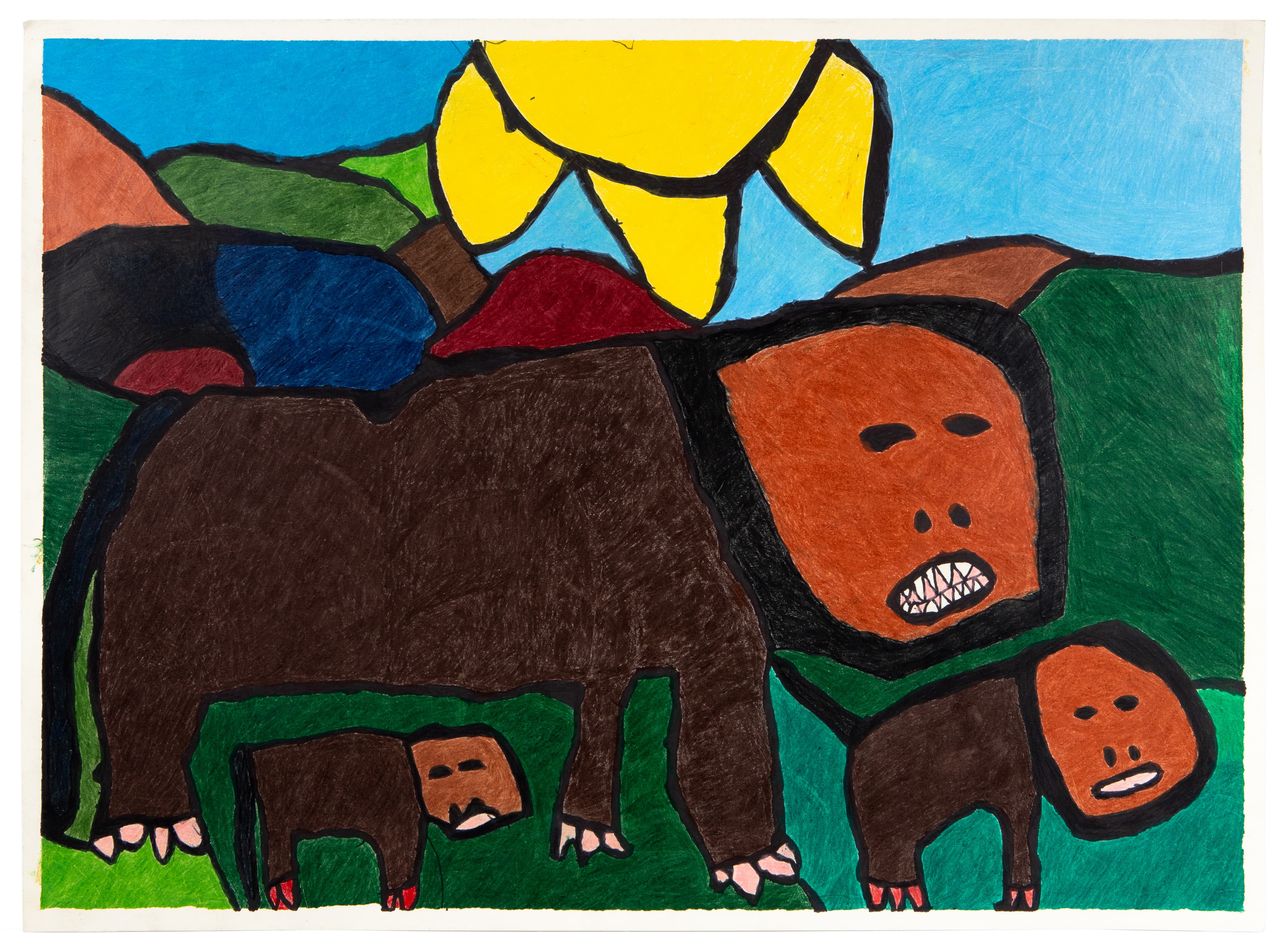 Colorful drawing of brown bears with orange faces and white teeth in a landscape with yellow sun