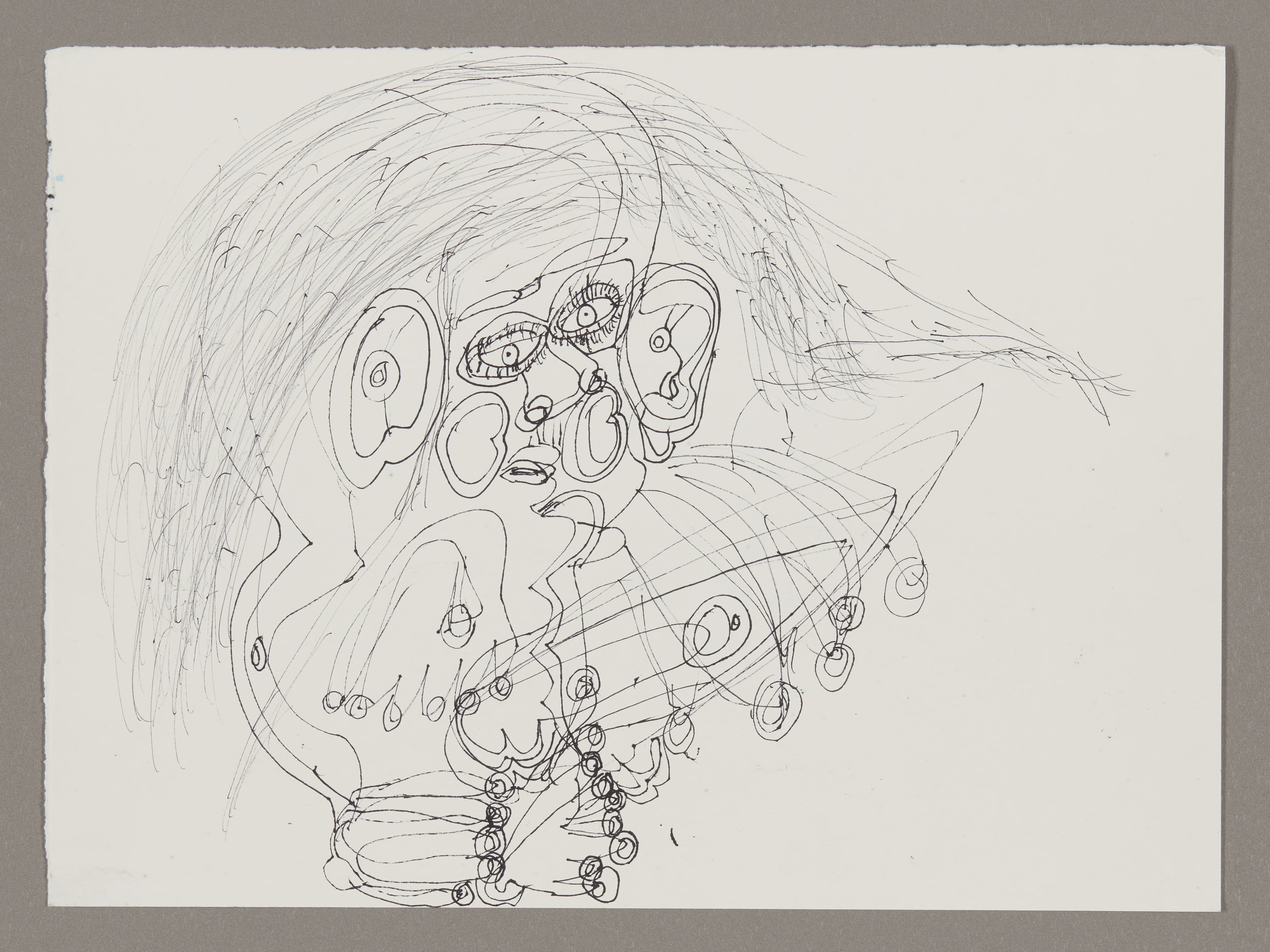 Ink drawing on paper showing an abstract figure with flowing hair and multiple eyes, rendered in black line work
