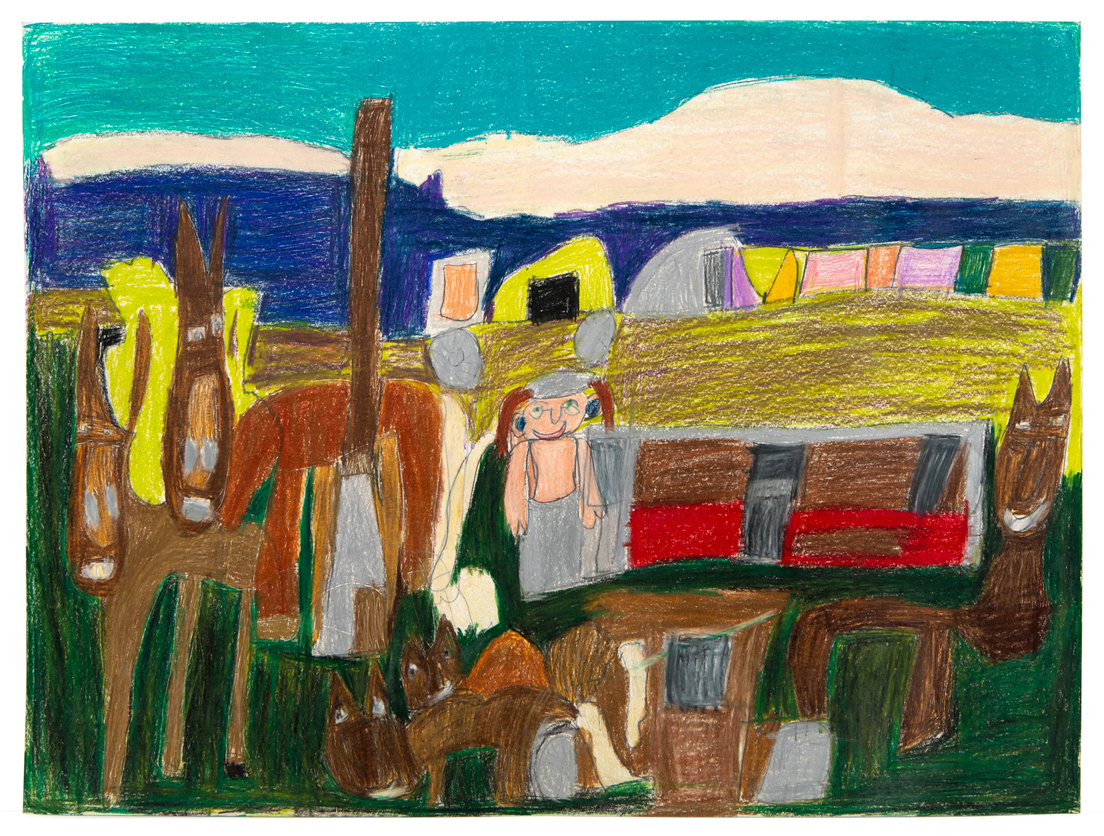 Colorful pastel drawing depicting a rural scene with horses, a person, and buildings under a turquoise sky