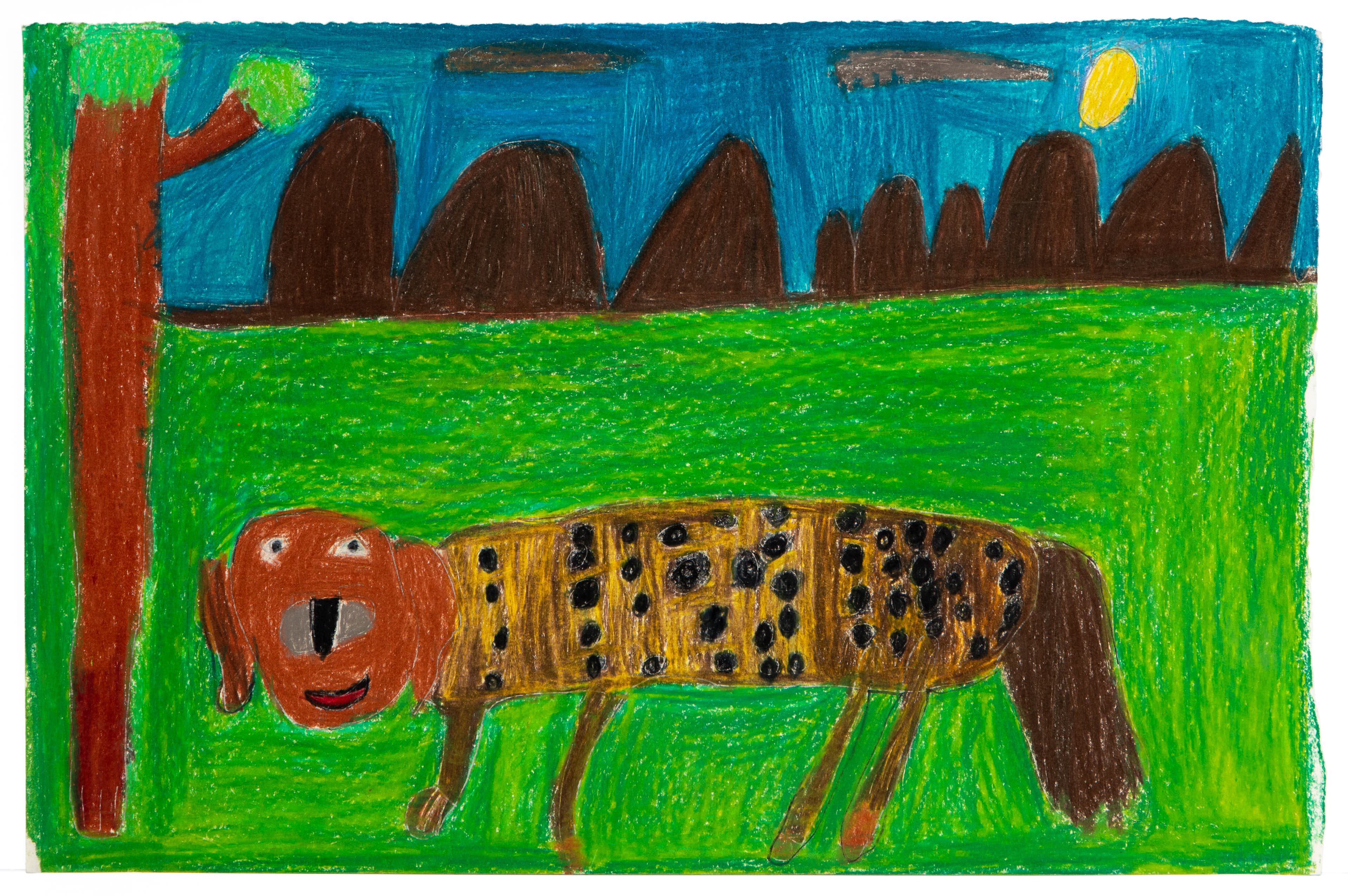 Colored pencil drawing of a spotted animal in a landscape with mountains, tree, and yellow sun