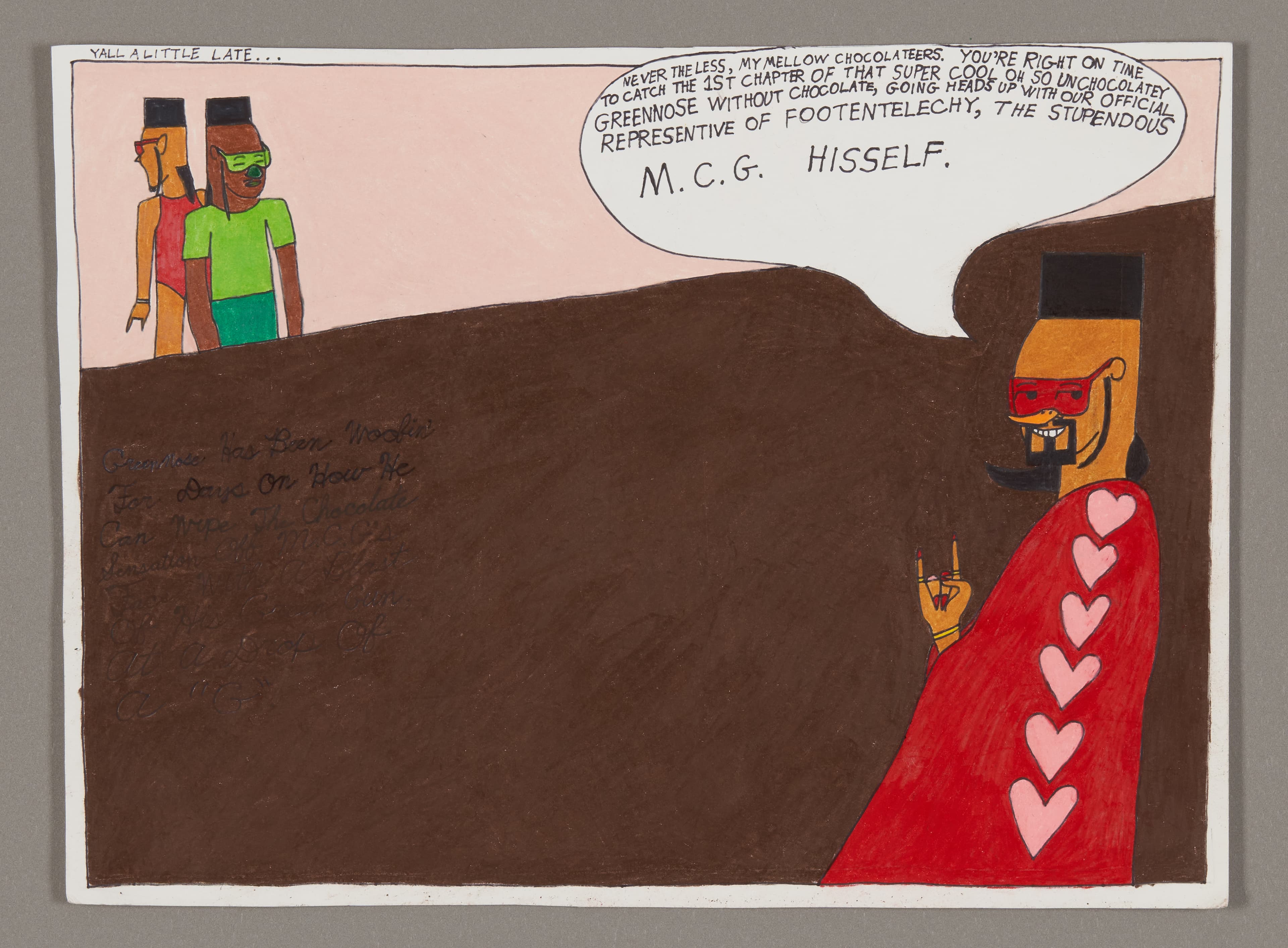 Comic strip drawing with colored pencil and ink showing figures in speech bubble scene