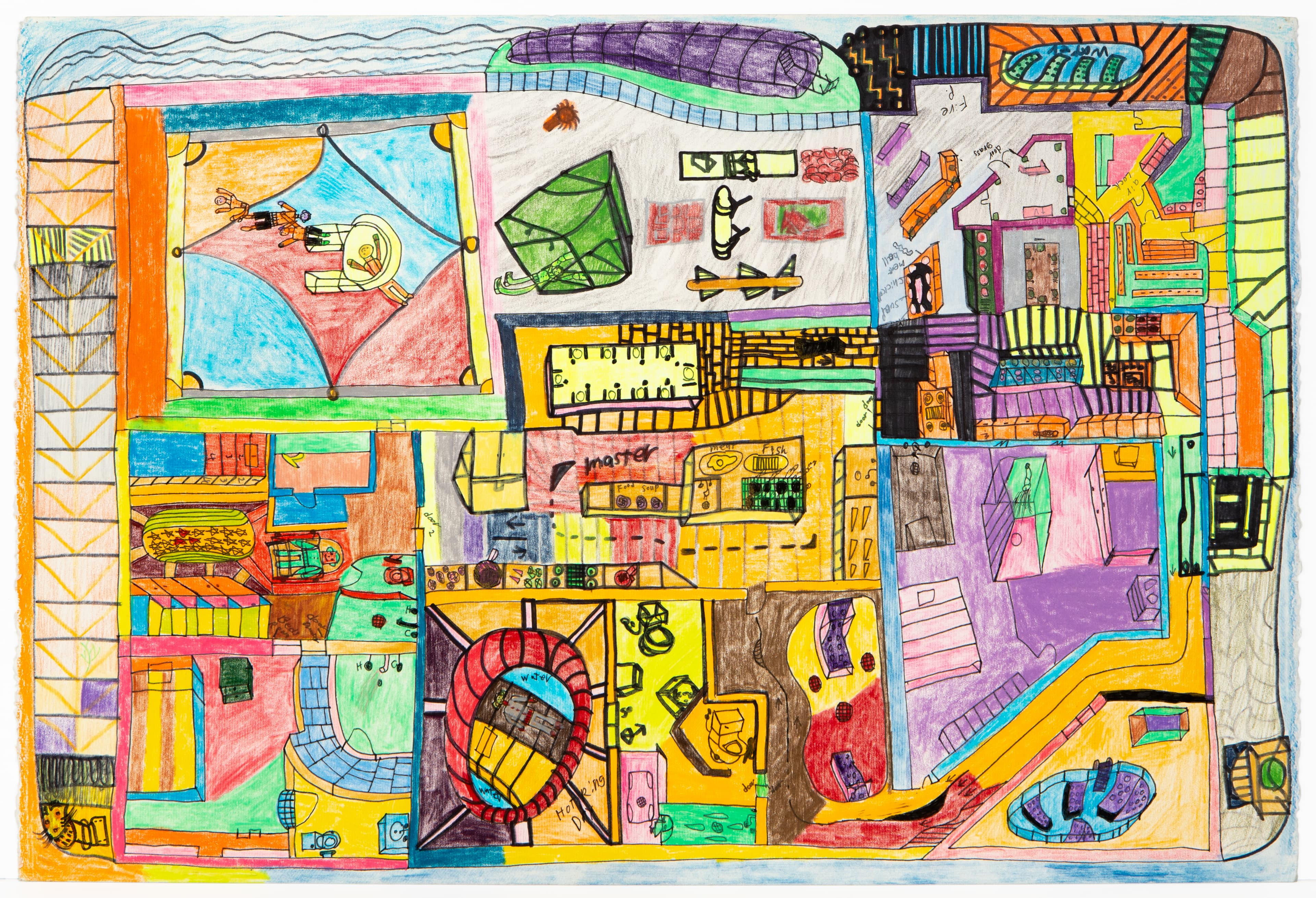 Colored pencil and ink drawing showing a complex multi-room architectural layout with various objects and activities