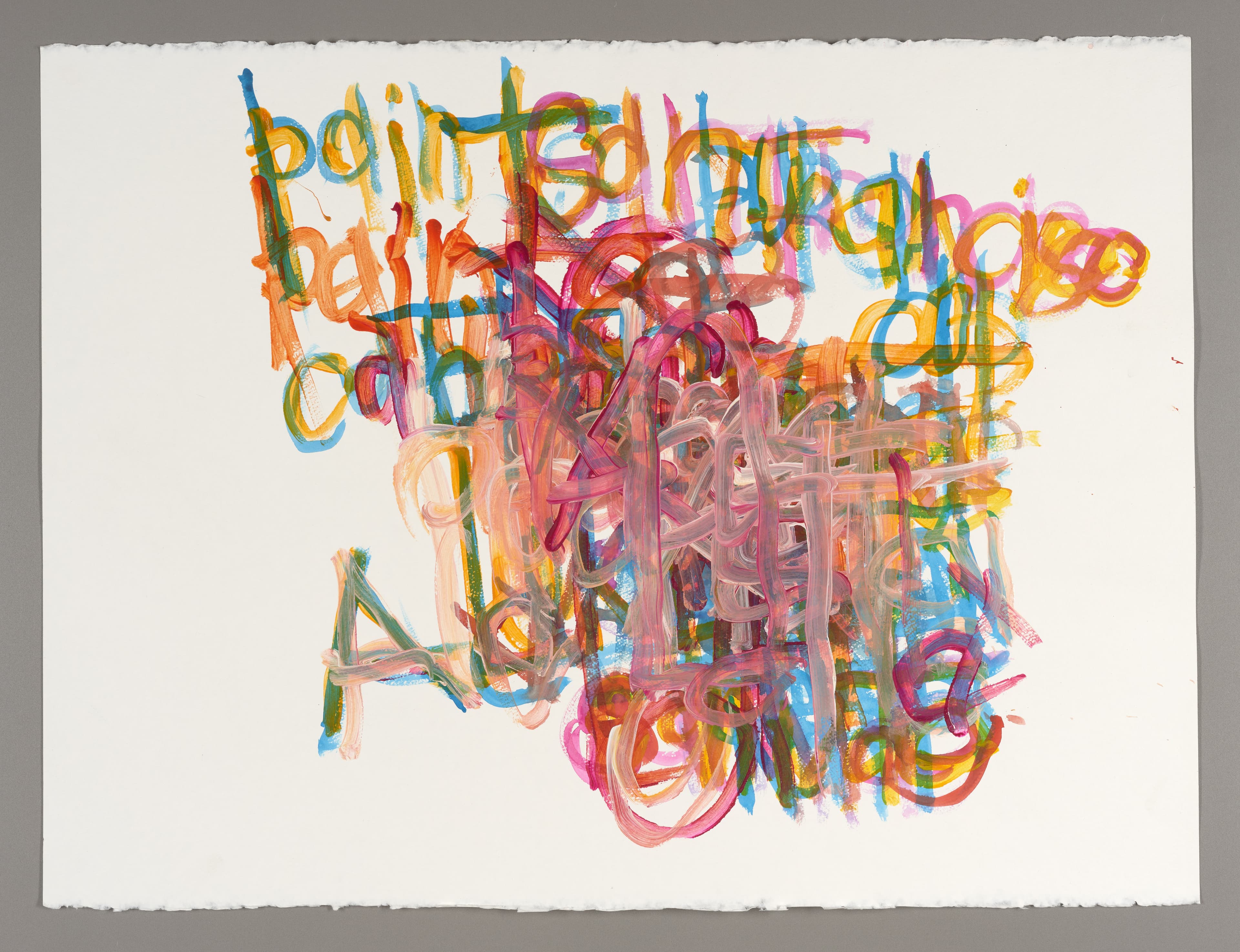Abstract drawing with overlapping multicolored text and letterforms in acrylic and ink on white paper