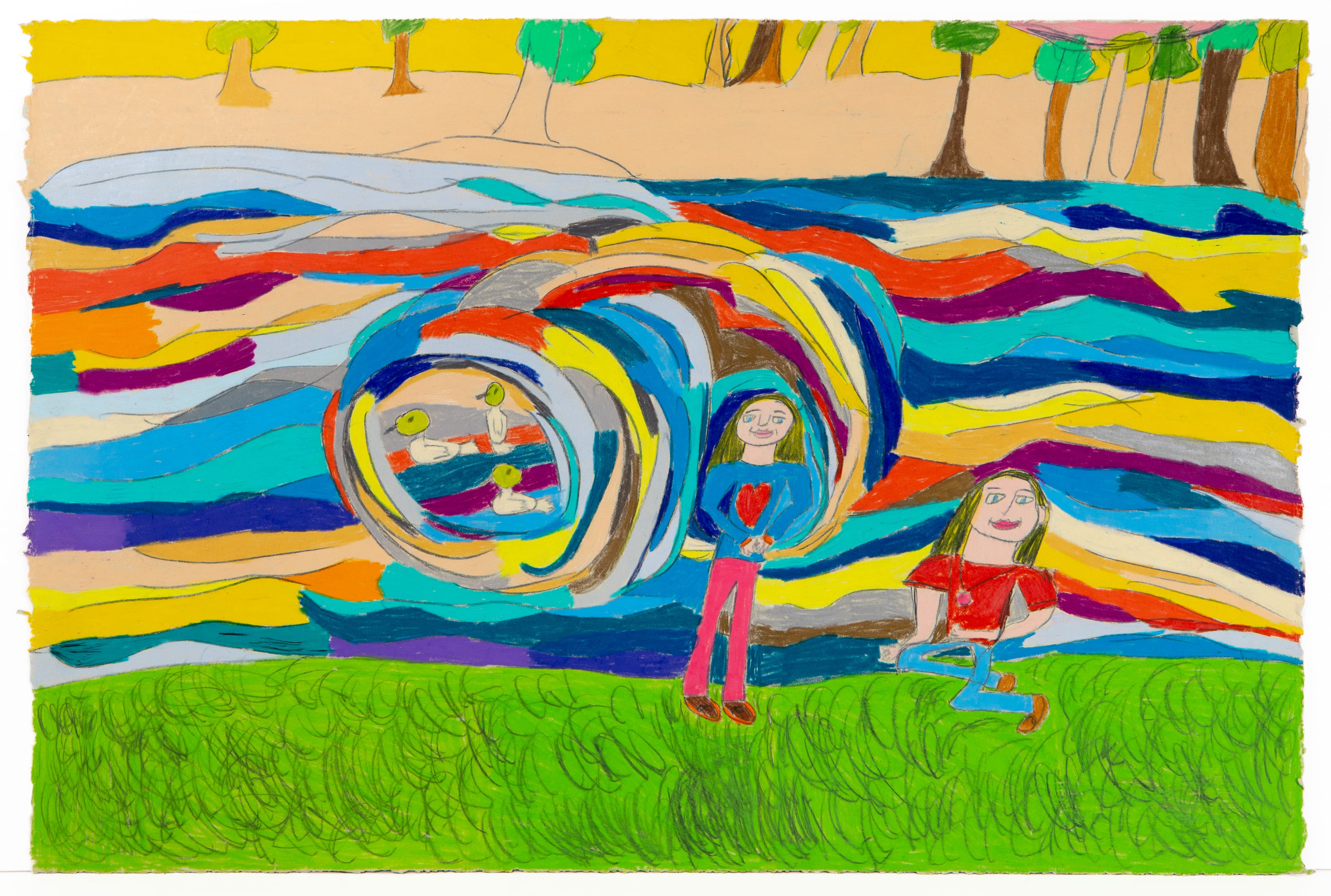 Colored pencil drawing with swirling rainbow waves, three figures on green grass, and trees in background