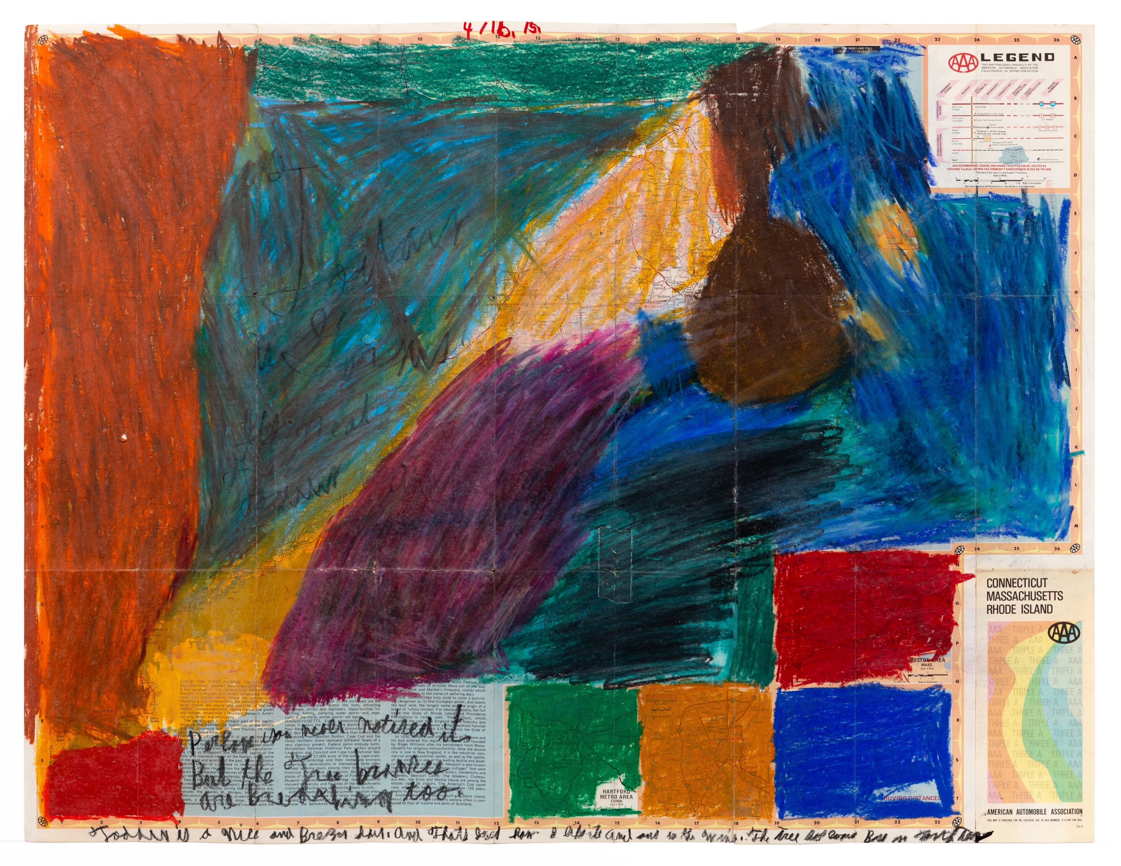 Mixed media artwork with bold colored areas in oil pastel and collaged map fragments on paper