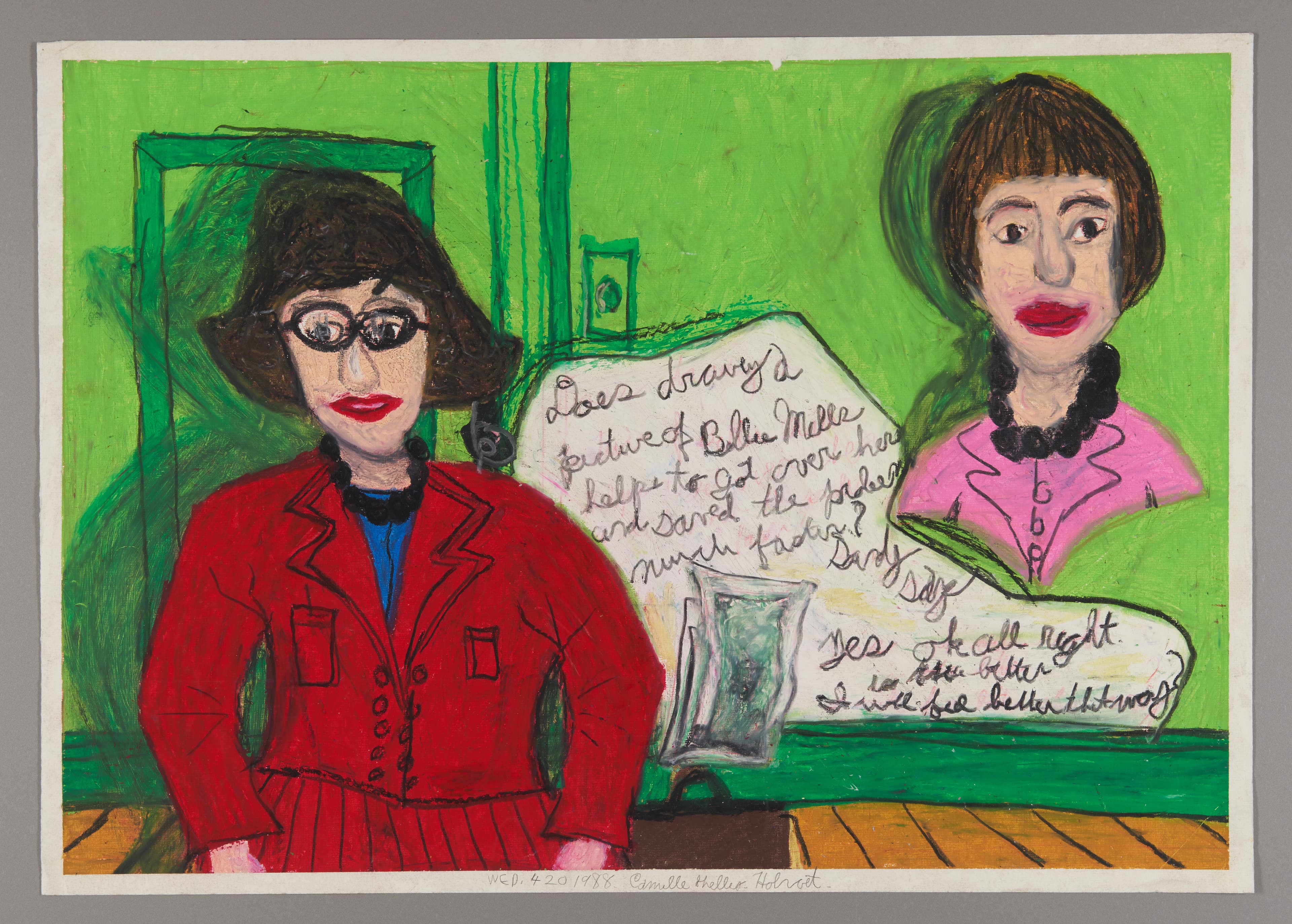 Oil pastel drawing of two figures in colorful clothing against bright green background with handwritten text