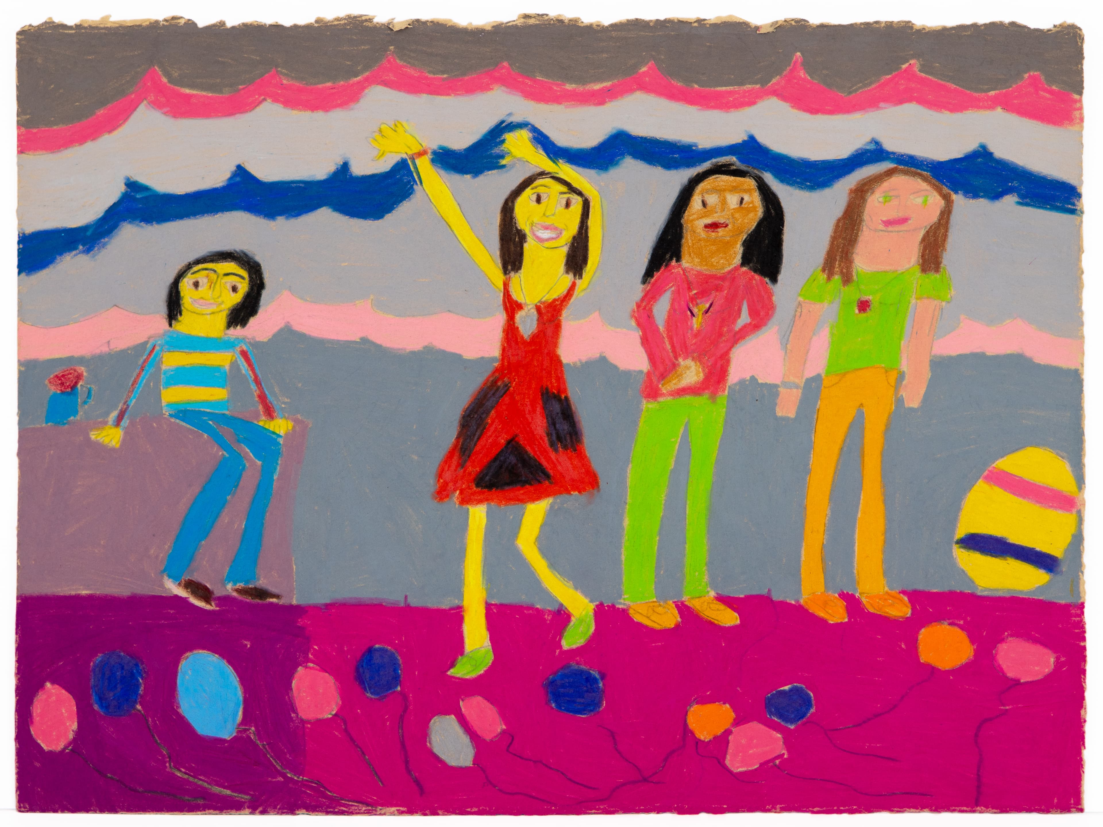 Colored pencil drawing of four figures standing on purple ground with striped sky background